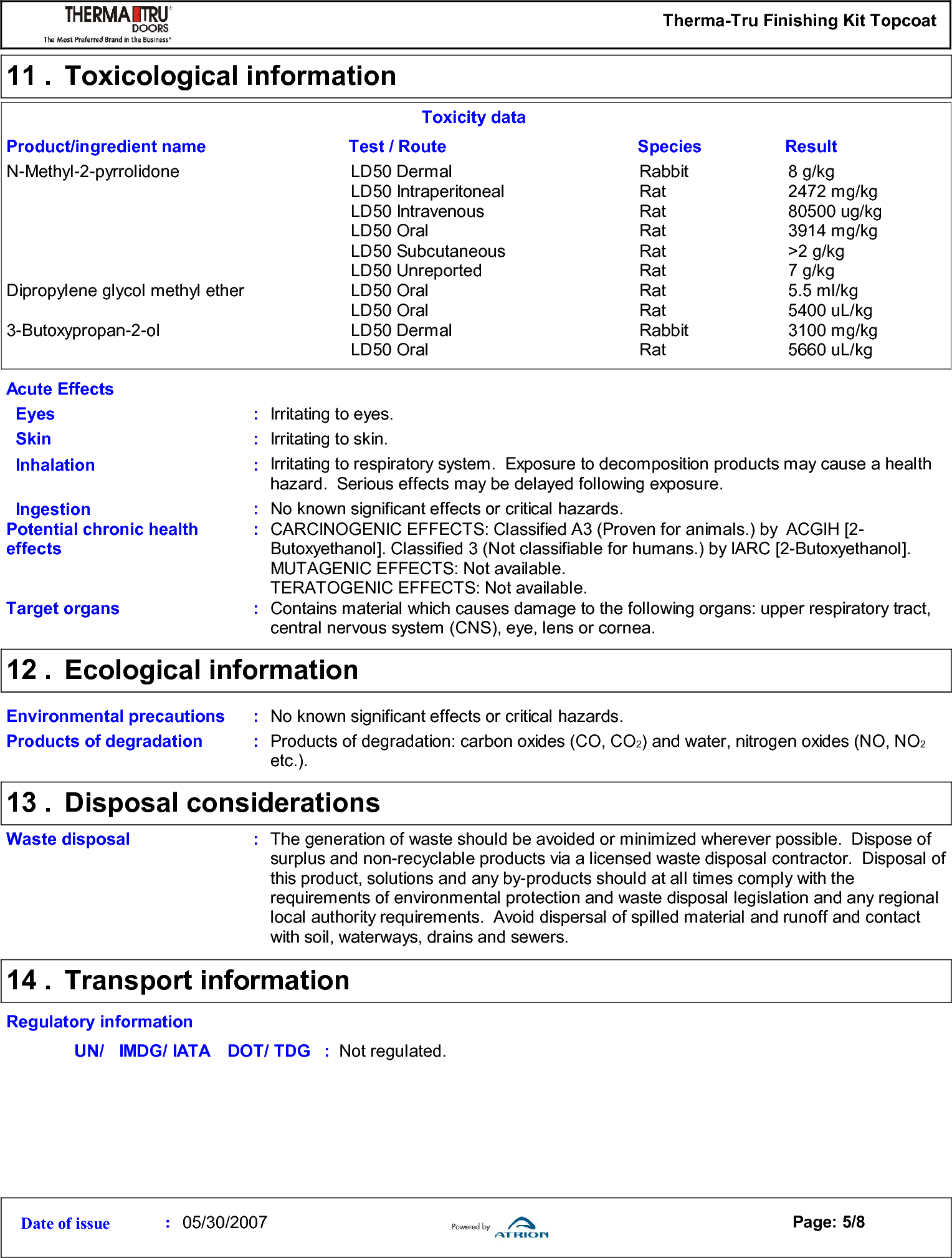 Page 5 of 8 - Therma Tru Msds Topcoat User Manual