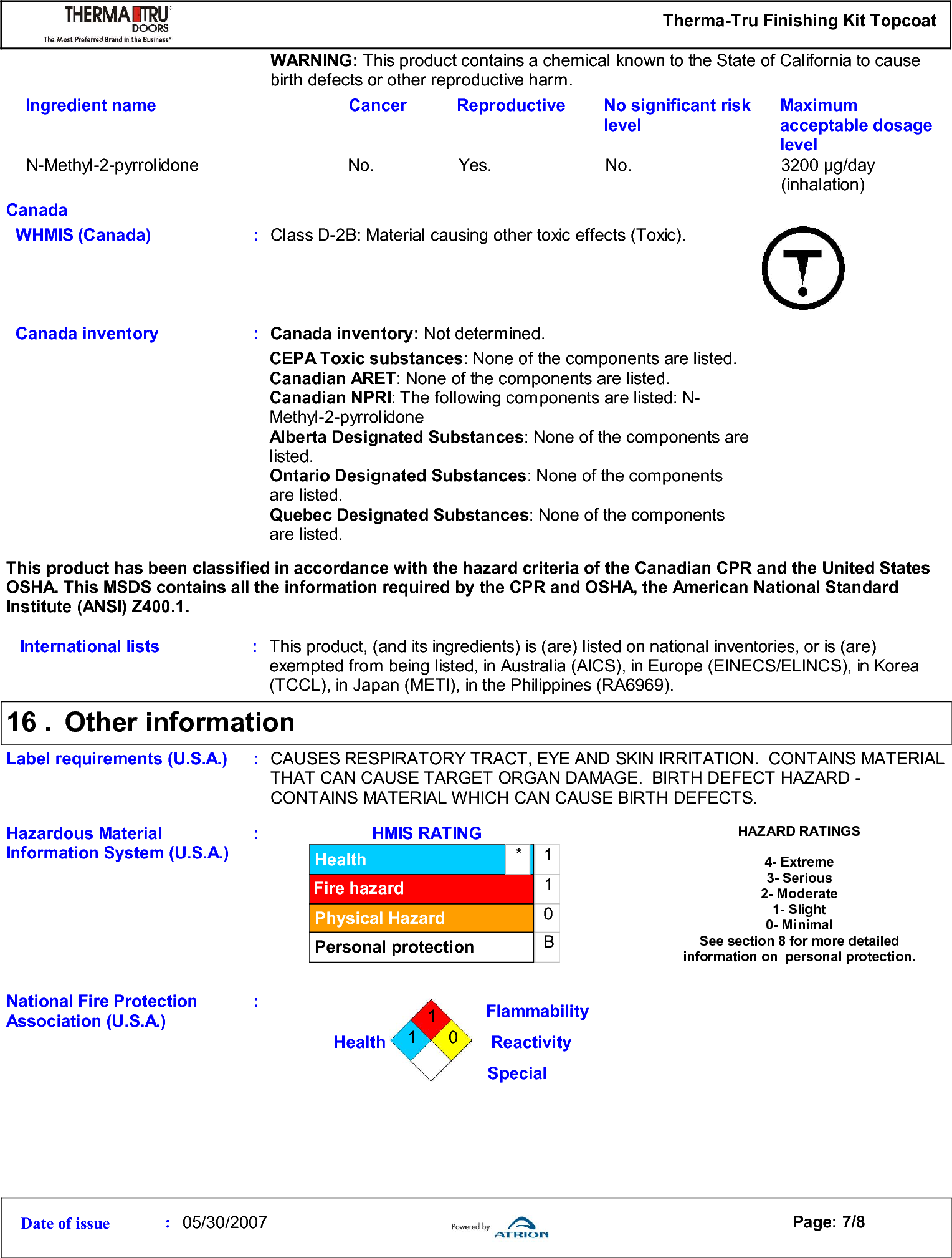 Page 7 of 8 - Therma Tru Msds Topcoat User Manual