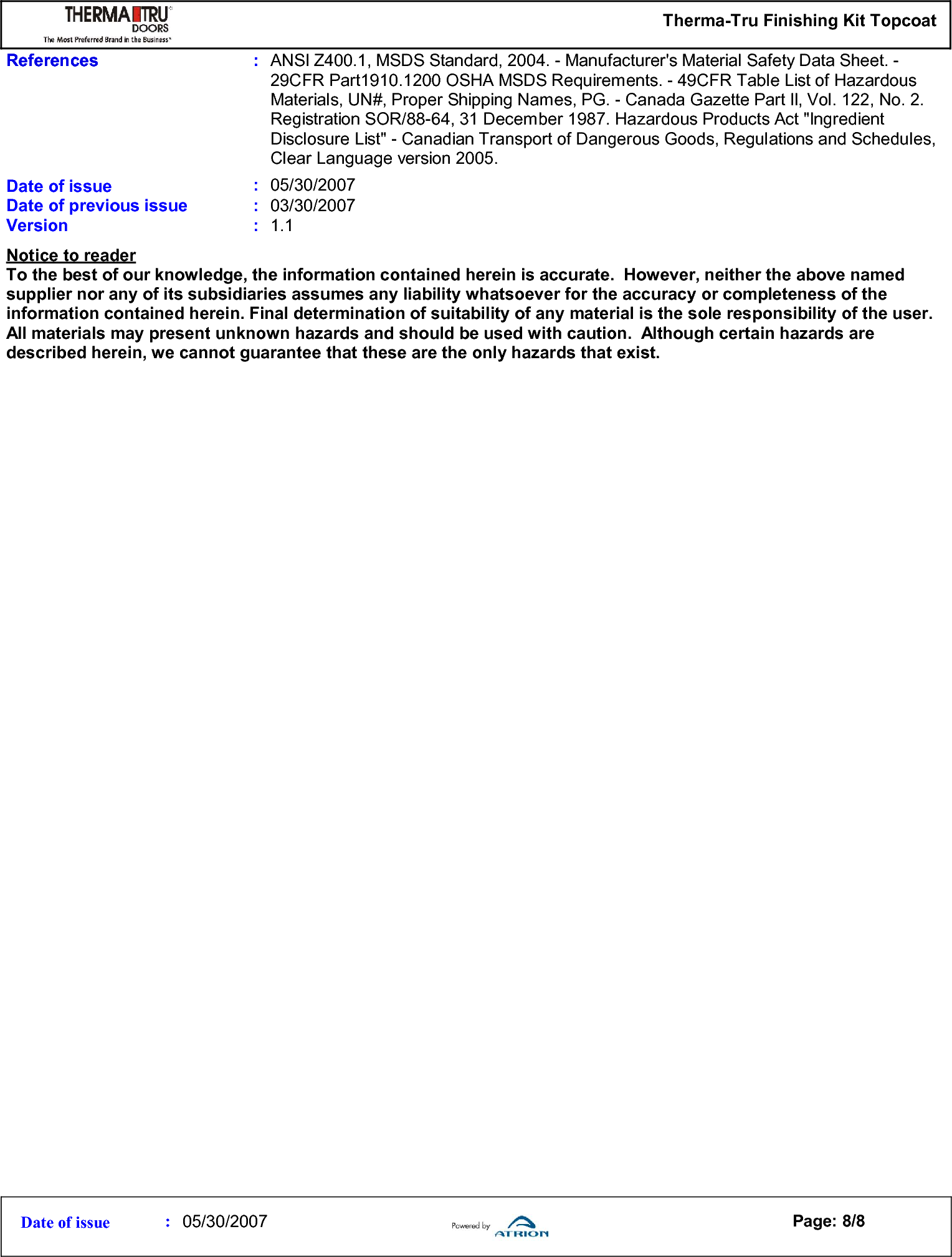 Page 8 of 8 - Therma Tru Msds Topcoat User Manual