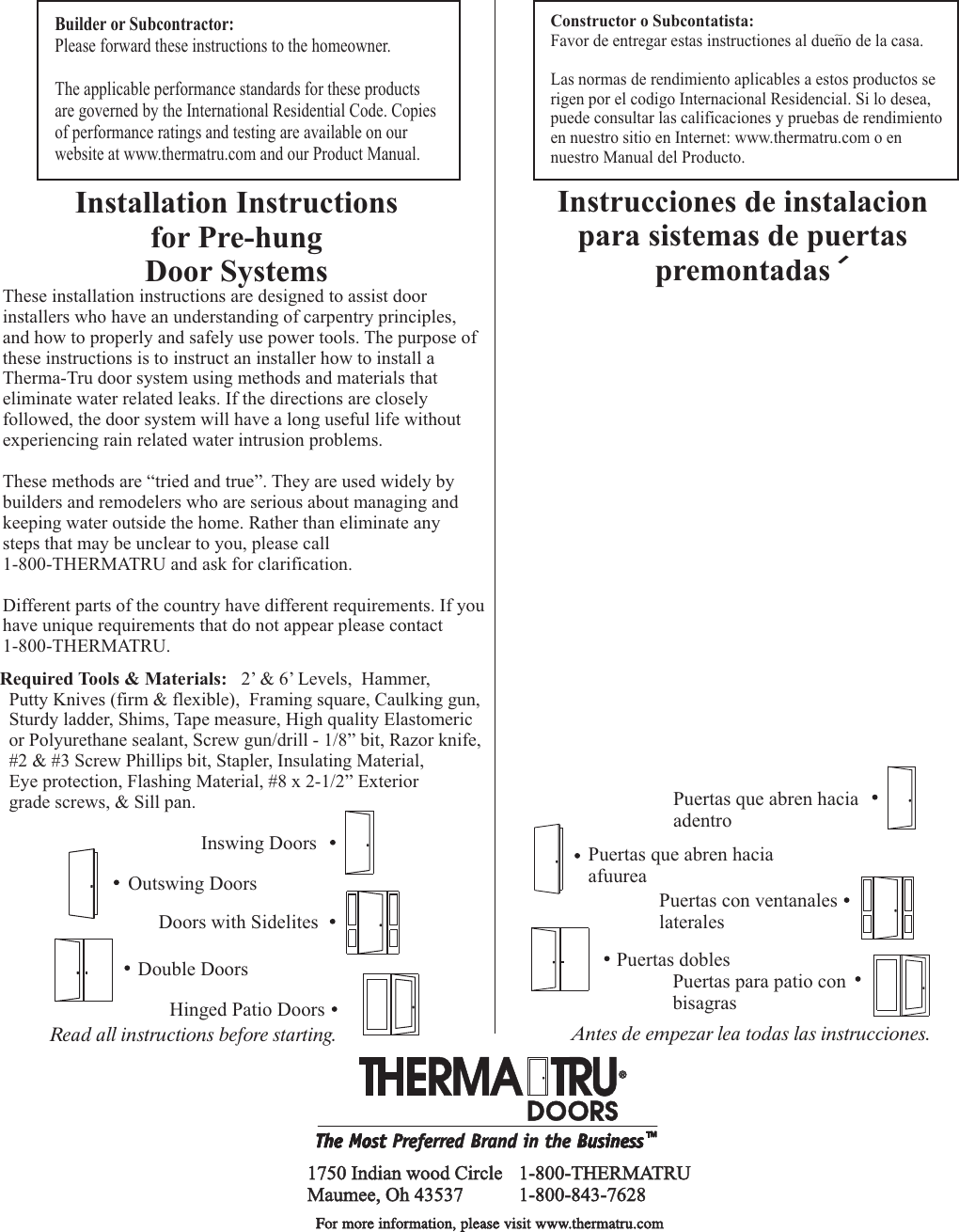 Page 1 of 10 - Therma-Tru Therma-Tru-Pre-Hung-Door-Systems-Users-Manual- D1009E  Therma-tru-pre-hung-door-systems-users-manual