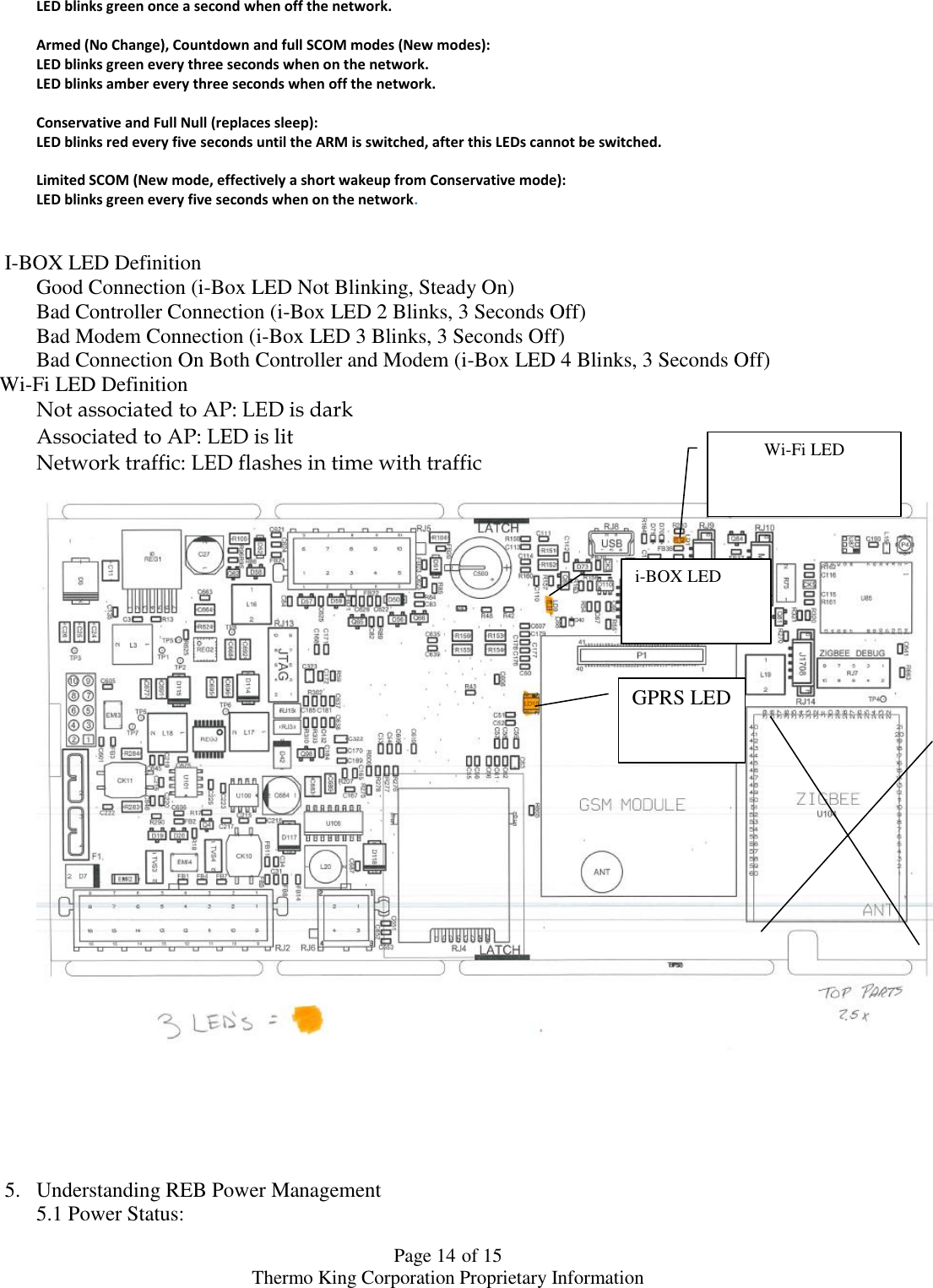  Page 14 of 15 Thermo King Corporation Proprietary Information LED blinks green once a second when off the network.  Armed (No Change), Countdown and full SCOM modes (New modes): LED blinks green every three seconds when on the network. LED blinks amber every three seconds when off the network.  Conservative and Full Null (replaces sleep): LED blinks red every five seconds until the ARM is switched, after this LEDs cannot be switched.  Limited SCOM (New mode, effectively a short wakeup from Conservative mode): LED blinks green every five seconds when on the network.  I-BOX LED Definition Good Connection (i-Box LED Not Blinking, Steady On) Bad Controller Connection (i-Box LED 2 Blinks, 3 Seconds Off) Bad Modem Connection (i-Box LED 3 Blinks, 3 Seconds Off) Bad Connection On Both Controller and Modem (i-Box LED 4 Blinks, 3 Seconds Off)      Wi-Fi LED Definition Not associated to AP: LED is dark Associated to AP: LED is lit Network traffic: LED flashes in time with traffic       5. Understanding REB Power Management 5.1 Power Status: Wi-Fi LED i-BOX LED GPRS LED 