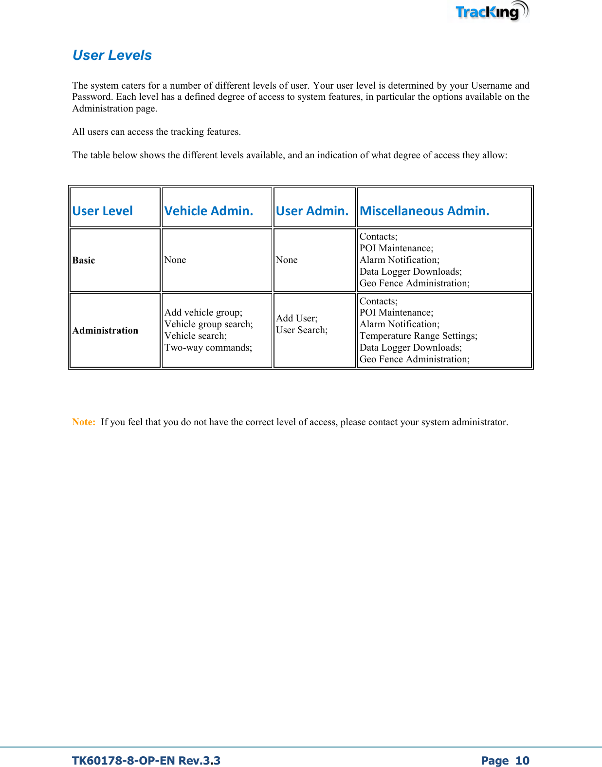  TK60178-8-OP-EN Rev.3.3             Page  10 User Levels  The system caters for a number of different levels of user. Your user level is determined by your Username and Password. Each level has a defined degree of access to system features, in particular the options available on the Administration page.   All users can access the tracking features.  The table below shows the different levels available, and an indication of what degree of access they allow:  User Level  Vehicle Admin.   User Admin.  Miscellaneous Admin. Basic  None  None Contacts; POI Maintenance; Alarm Notification; Data Logger Downloads; Geo Fence Administration; Administration Add vehicle group; Vehicle group search; Vehicle search; Two-way commands; Add User; User Search; Contacts; POI Maintenance; Alarm Notification; Temperature Range Settings; Data Logger Downloads; Geo Fence Administration;     Note:  If you feel that you do not have the correct level of access, please contact your system administrator.                          