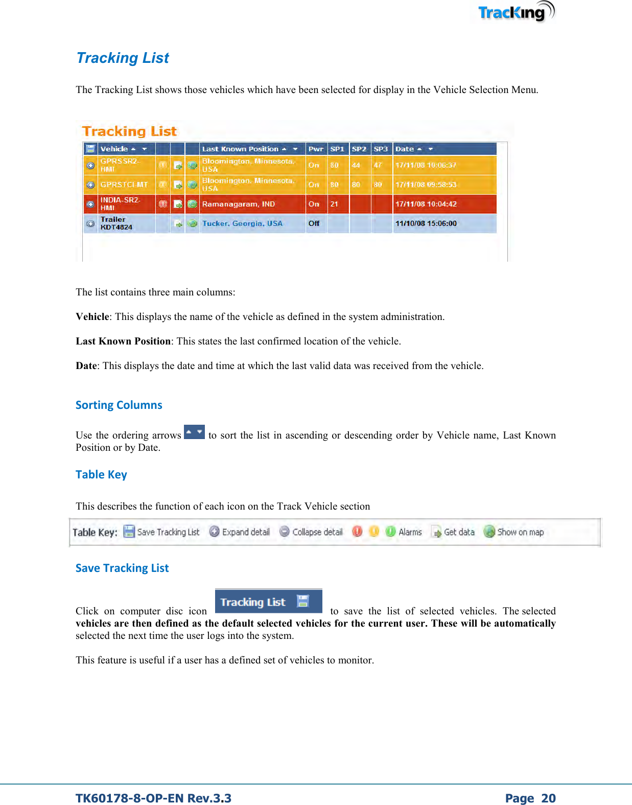  TK60178-8-OP-EN Rev.3.3             Page  20 Tracking List  The Tracking List shows those vehicles which have been selected for display in the Vehicle Selection Menu.      The list contains three main columns:   Vehicle: This displays the name of the vehicle as defined in the system administration.  Last Known Position: This states the last confirmed location of the vehicle.  Date: This displays the date and time at which the last valid data was received from the vehicle.  Sorting Columns Use the  ordering arrows   to sort the list in  ascending or  descending order by Vehicle name,  Last Known Position or by Date. Table Key This describes the function of each icon on the Track Vehicle section  Save Tracking List Click  on  computer  disc  icon       to  save  the  list  of  selected  vehicles.  The selected vehicles are then defined as the default selected vehicles for the current user. These will be automatically selected the next time the user logs into the system.  This feature is useful if a user has a defined set of vehicles to monitor.     
