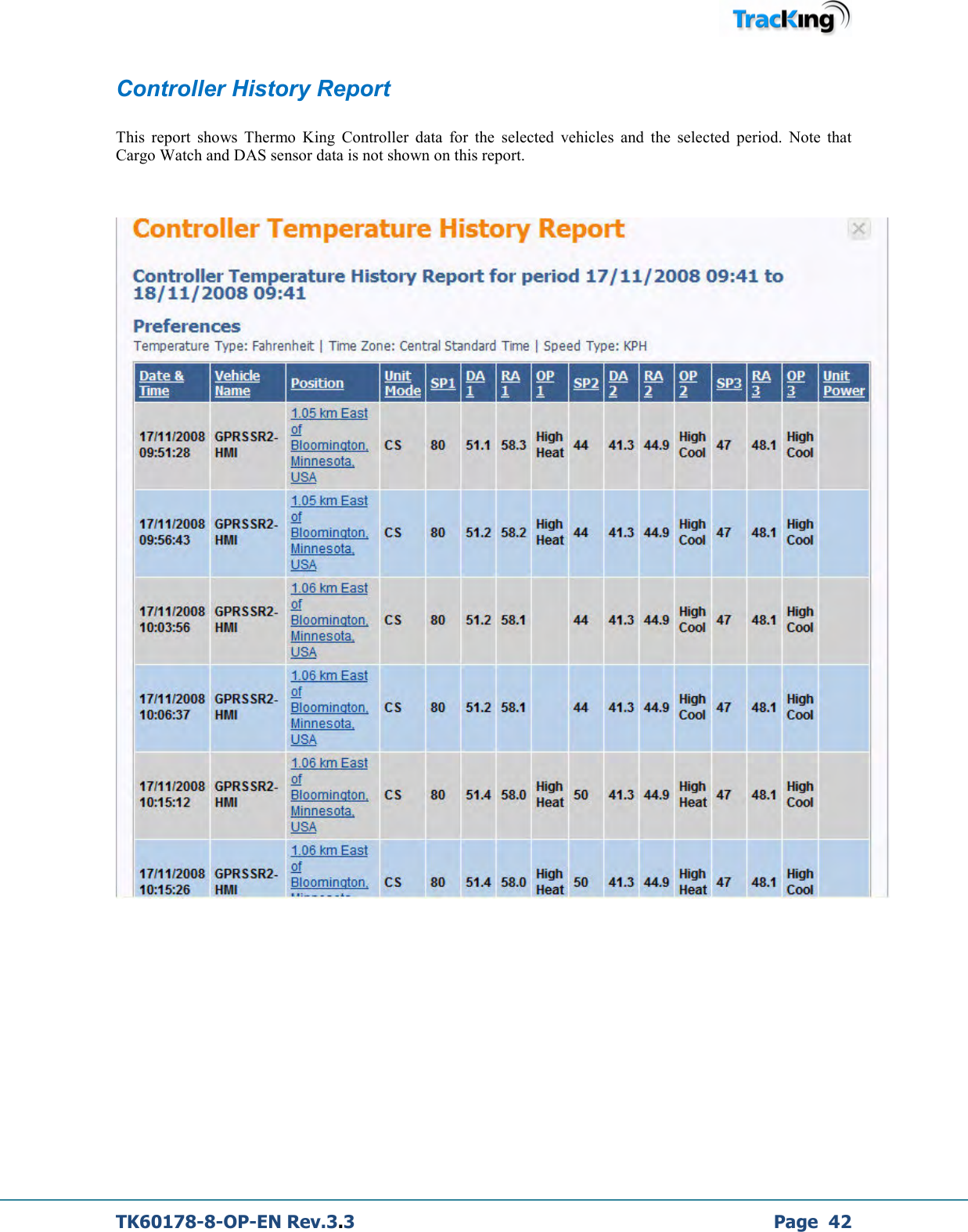  TK60178-8-OP-EN Rev.3.3             Page  42 Controller History Report  This  report  shows  Thermo  King  Controller  data  for  the  selected  vehicles  and  the  selected  period.  Note  that Cargo Watch and DAS sensor data is not shown on this report.          