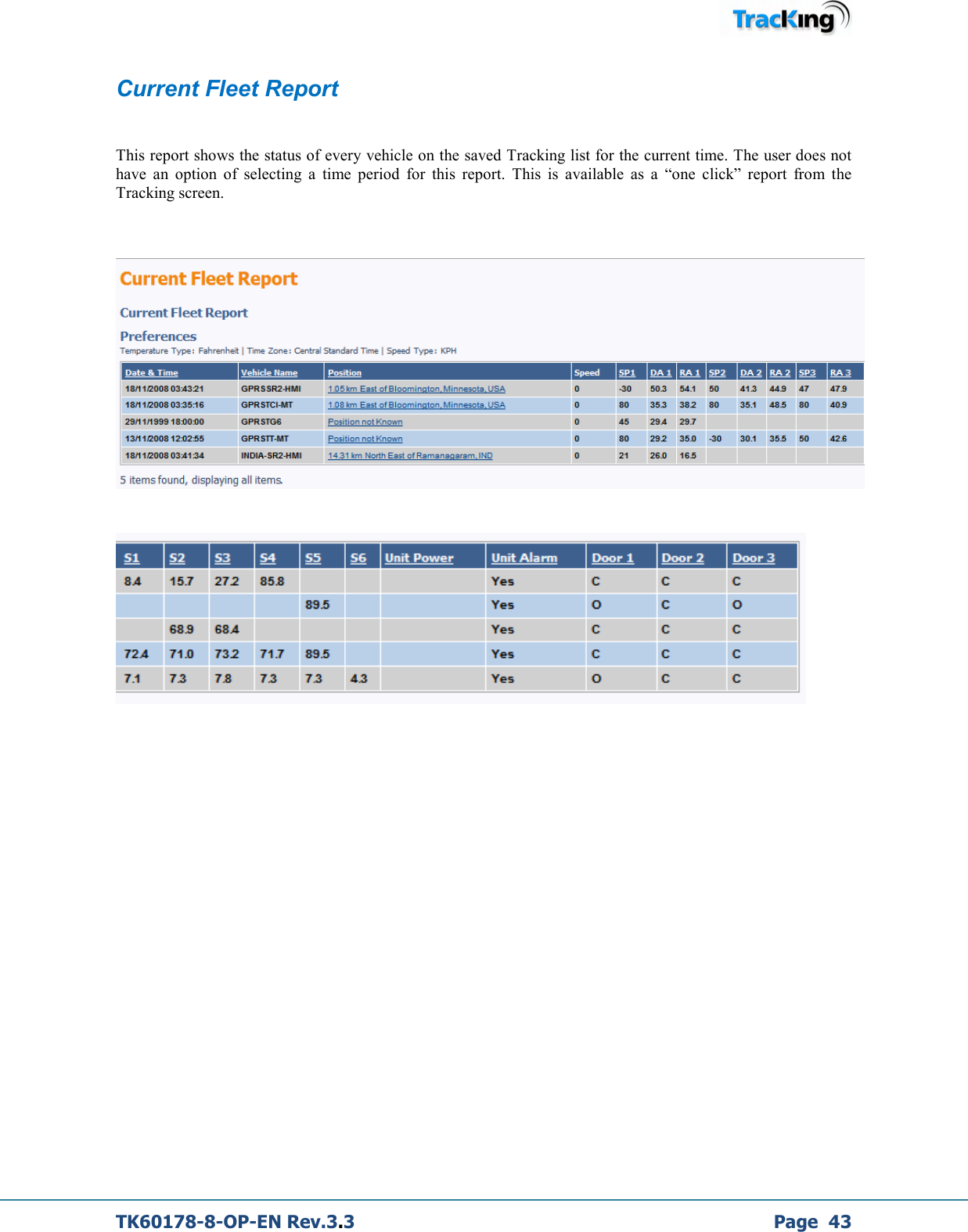  TK60178-8-OP-EN Rev.3.3             Page  43 Current Fleet Report    This report shows the status of every vehicle on the saved Tracking list for the current time. The user does not have  an  option  of  selecting  a  time  period  for  this  report.  This  is  available  as  a  “one  click”  report  from  the Tracking screen.                