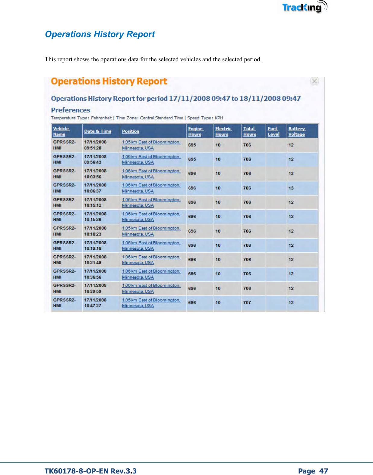  TK60178-8-OP-EN Rev.3.3             Page  47 Operations History Report   This report shows the operations data for the selected vehicles and the selected period.             