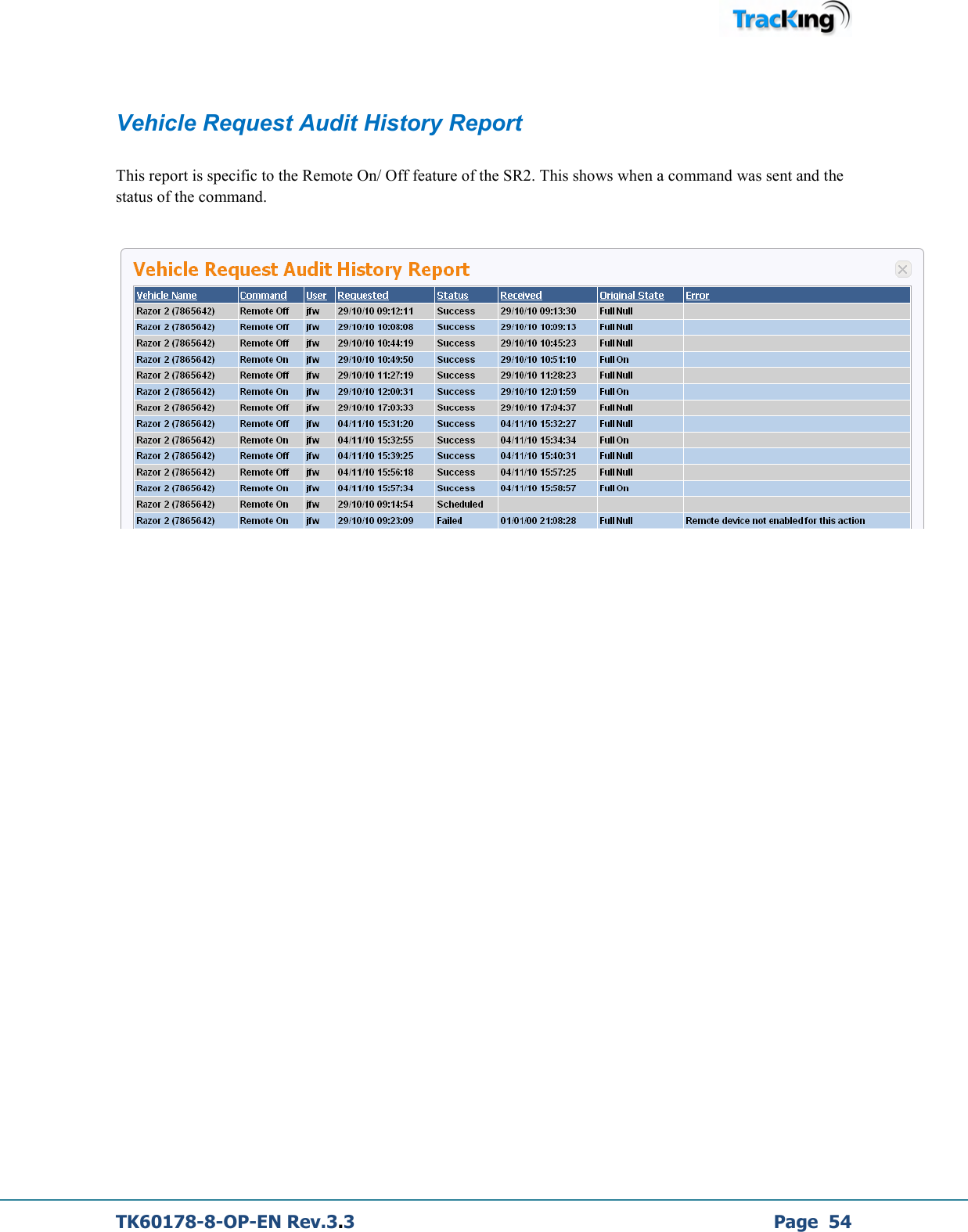  TK60178-8-OP-EN Rev.3.3             Page  54  Vehicle Request Audit History Report  This report is specific to the Remote On/ Off feature of the SR2. This shows when a command was sent and the status of the command.   