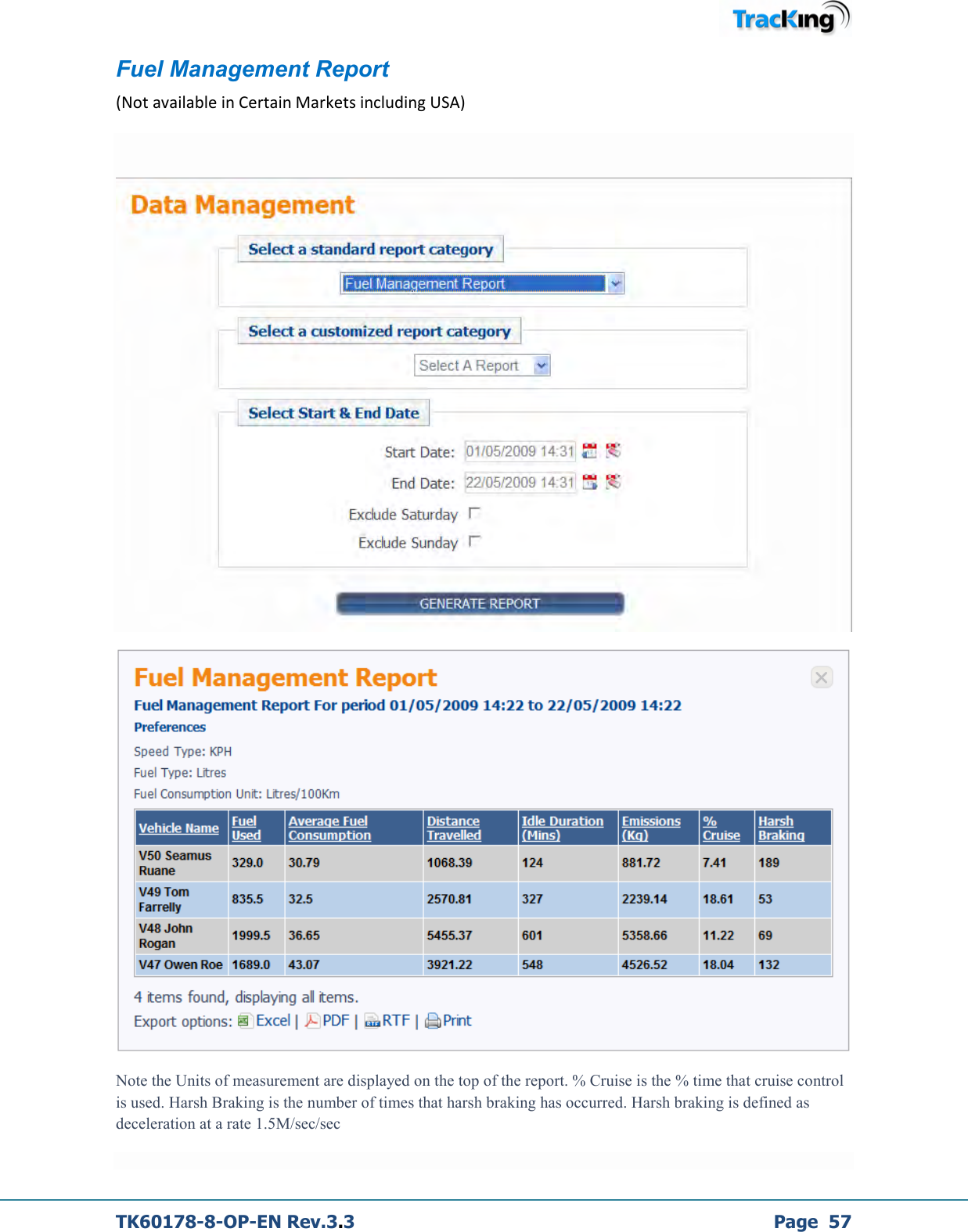 TK60178-8-OP-EN Rev.3.3             Page  57 Fuel Management Report (Not available in Certain Markets including USA)    Note the Units of measurement are displayed on the top of the report. % Cruise is the % time that cruise control is used. Harsh Braking is the number of times that harsh braking has occurred. Harsh braking is defined as deceleration at a rate 1.5M/sec/sec  