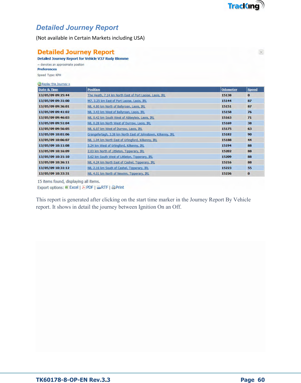  TK60178-8-OP-EN Rev.3.3             Page  60 Detailed Journey Report  (Not available in Certain Markets including USA)  This report is generated after clicking on the start time marker in the Journey Report By Vehicle report. It shows in detail the journey between Ignition On an Off.               