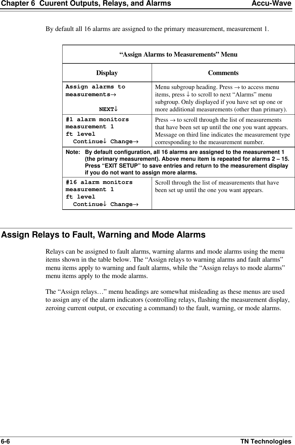 Chapter 6  Cuurent Outputs, Relays, and Alarms Accu-Wave 6-6 TN Technologies By default all 16 alarms are assigned to the primary measurement, measurement 1.  “Assign Alarms to Measurements” Menu Display Comments Assign alarms to measurements→→           NEXT↓↓ Menu subgroup heading. Press → to access menu items, press ↓ to scroll to next “Alarms” menu subgroup. Only displayed if you have set up one or more additional measurements (other than primary).  #1 alarm monitors measurement 1 ft level   Continue↓↓ Change→→ Press → to scroll through the list of measurements that have been set up until the one you want appears. Message on third line indicates the measurement type corresponding to the measurement number. Note:  By default configuration, all 16 alarms are assigned to the measurement 1 (the primary measurement). Above menu item is repeated for alarms 2 – 15. Press “EXIT SETUP” to save entries and return to the measurement display if you do not want to assign more alarms. #16 alarm monitors measurement 1 ft level   Continue↓↓ Change→→ Scroll through the list of measurements that have been set up until the one you want appears.  Assign Relays to Fault, Warning and Mode Alarms Relays can be assigned to fault alarms, warning alarms and mode alarms using the menu items shown in the table below. The “Assign relays to warning alarms and fault alarms” menu items apply to warning and fault alarms, while the “Assign relays to mode alarms” menu items apply to the mode alarms. The “Assign relays…” menu headings are somewhat misleading as these menus are used to assign any of the alarm indicators (controlling relays, flashing the measurement display, zeroing current output, or executing a command) to the fault, warning, or mode alarms. 