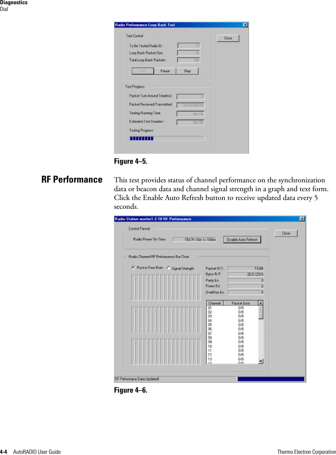 Diagnostics Dial 4-4     AutoRADIO User Guide      Thermo Electron Corporation  Figure 4–5.   This test provides status of channel performance on the synchronization data or beacon data and channel signal strength in a graph and text form.  Click the Enable Auto Refresh button to receive updated data every 5 seconds.  Figure 4–6. RF Performance 