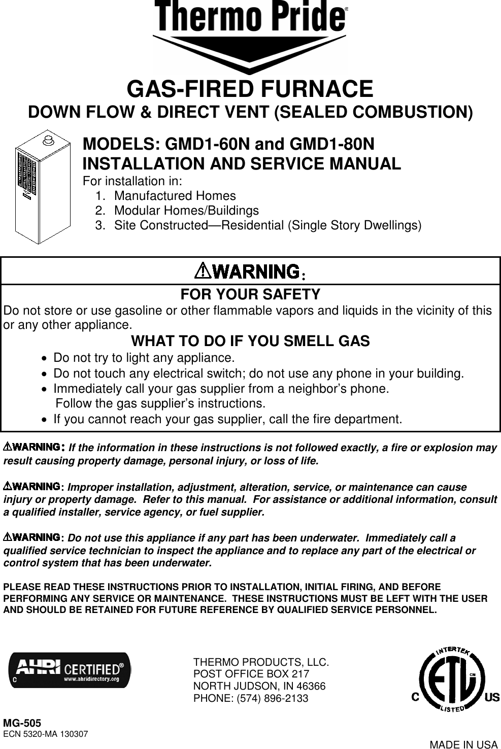 Thermo Products Pride Burner Gdm1 80N Users Manual KDKD