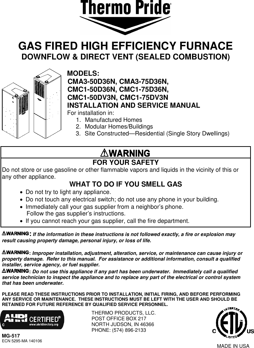 Thermo Products Pride Furnace Cma3 50D36N Users Manual