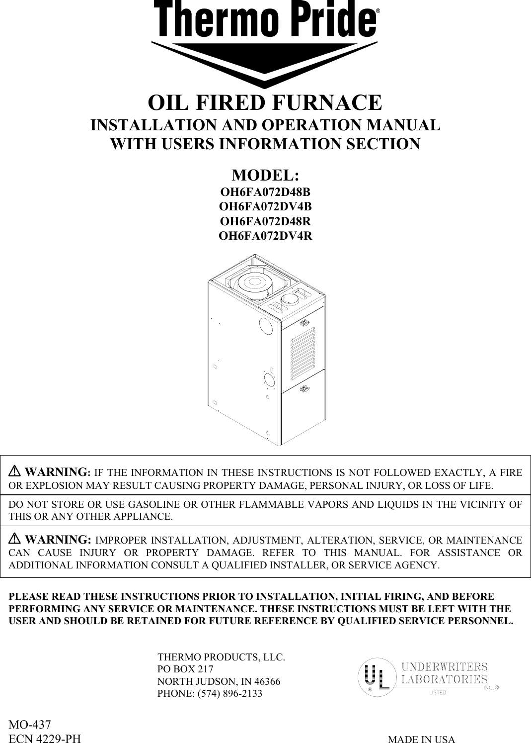 Thermo Products Pride Furnace Oh65Fa072D48B Users Manual MO 437