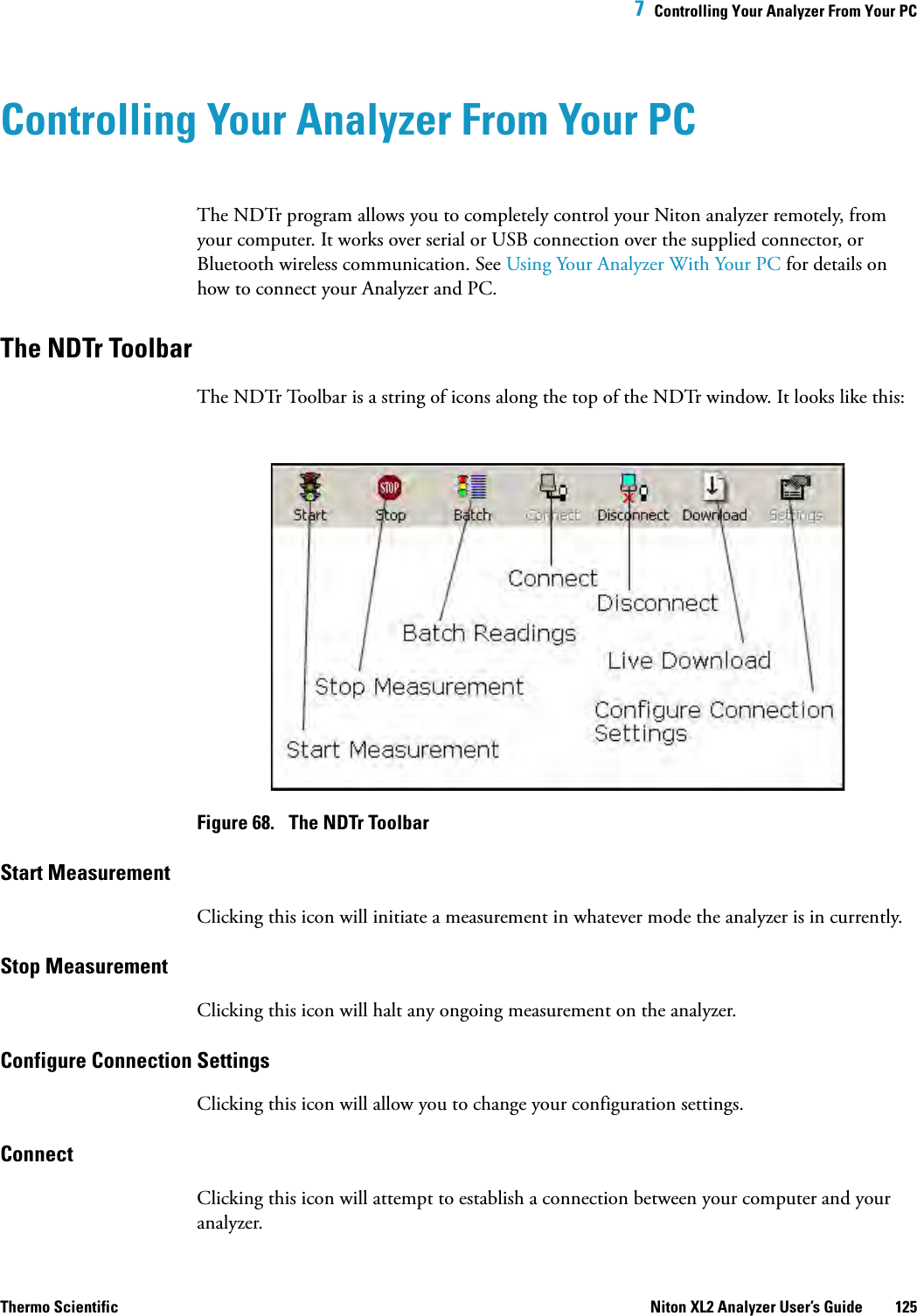  7  Controlling Your Analyzer From Your PCThermo Scientific Niton XL2 Analyzer User’s Guide 125Controlling Your Analyzer From Your PCThe NDTr program allows you to completely control your Niton analyzer remotely, from your computer. It works over serial or USB connection over the supplied connector, or Bluetooth wireless communication. See Using Your Analyzer With Your PC for details on how to connect your Analyzer and PC.The NDTr Toolbar The NDTr Toolbar is a string of icons along the top of the NDTr window. It looks like this:Figure 68.  The NDTr ToolbarStart Measurement Clicking this icon will initiate a measurement in whatever mode the analyzer is in currently.Stop Measurement Clicking this icon will halt any ongoing measurement on the analyzer.Configure Connection SettingsClicking this icon will allow you to change your configuration settings.Connect Clicking this icon will attempt to establish a connection between your computer and your analyzer.