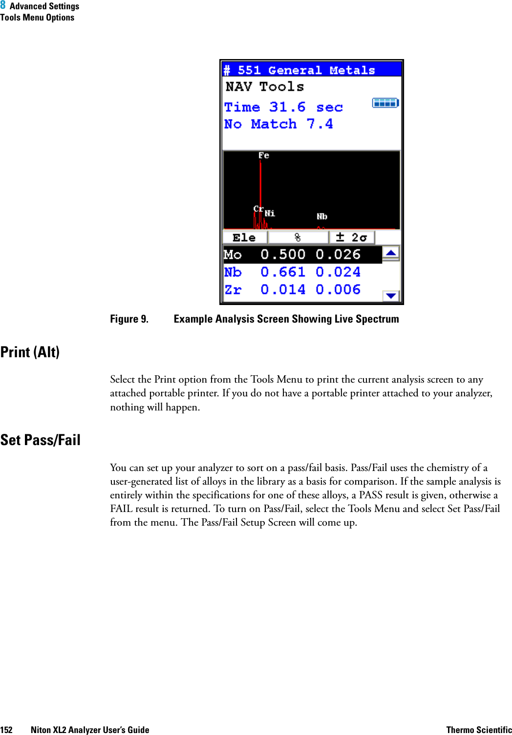 8  Advanced SettingsTools Menu Options152 Niton XL2 Analyzer User’s Guide Thermo ScientificFigure 9.  Example Analysis Screen Showing Live SpectrumPrint (Alt)Select the Print option from the Tools Menu to print the current analysis screen to any attached portable printer. If you do not have a portable printer attached to your analyzer, nothing will happen.Set Pass/FailYou can set up your analyzer to sort on a pass/fail basis. Pass/Fail uses the chemistry of a user-generated list of alloys in the library as a basis for comparison. If the sample analysis is entirely within the specifications for one of these alloys, a PASS result is given, otherwise a FAIL result is returned. To turn on Pass/Fail, select the Tools Menu and select Set Pass/Fail from the menu. The Pass/Fail Setup Screen will come up.