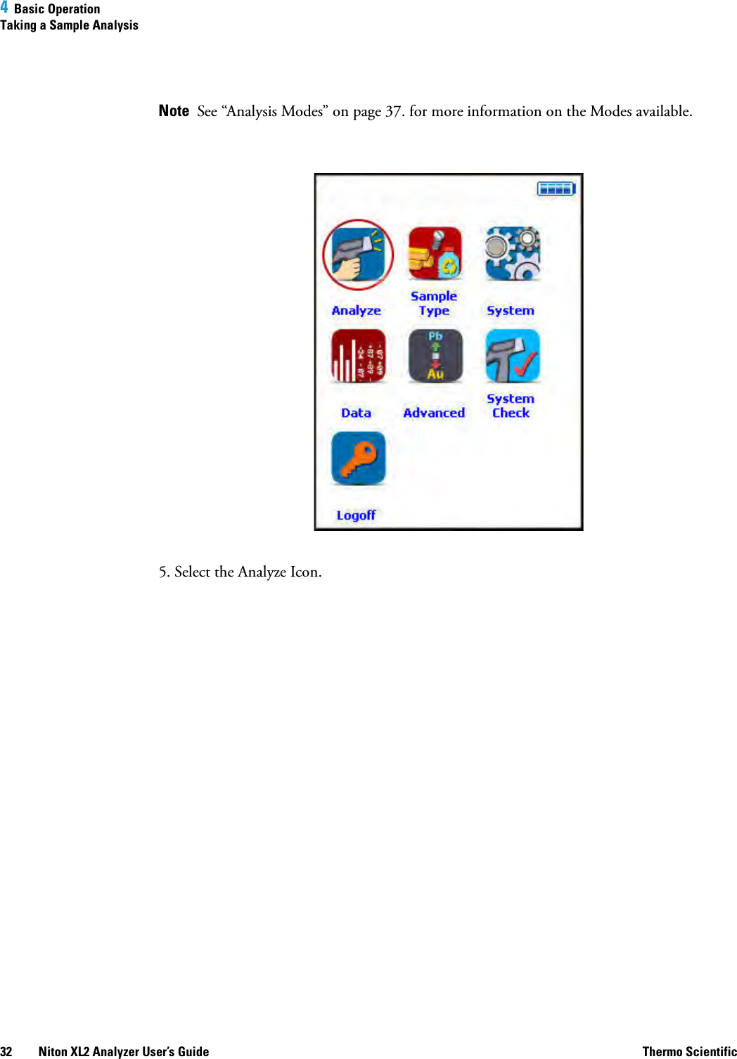 4  Basic OperationTaking a Sample Analysis32 Niton XL2 Analyzer User’s Guide Thermo ScientificNote  See “Analysis Modes” on page 37. for more information on the Modes available.5. Select the Analyze Icon.