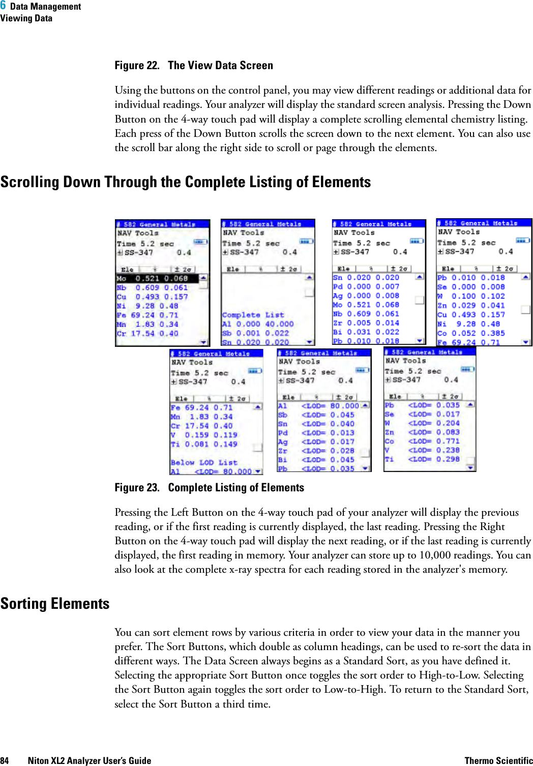 6  Data ManagementViewing Data84 Niton XL2 Analyzer User’s Guide Thermo ScientificFigure 22.  The View Data ScreenUsing the buttons on the control panel, you may view different readings or additional data for individual readings. Your analyzer will display the standard screen analysis. Pressing the Down Button on the 4-way touch pad will display a complete scrolling elemental chemistry listing. Each press of the Down Button scrolls the screen down to the next element. You can also use the scroll bar along the right side to scroll or page through the elements.Scrolling Down Through the Complete Listing of ElementsFigure 23.  Complete Listing of ElementsPressing the Left Button on the 4-way touch pad of your analyzer will display the previous reading, or if the first reading is currently displayed, the last reading. Pressing the Right Button on the 4-way touch pad will display the next reading, or if the last reading is currently displayed, the first reading in memory. Your analyzer can store up to 10,000 readings. You can also look at the complete x-ray spectra for each reading stored in the analyzer&apos;s memory.Sorting Elements You can sort element rows by various criteria in order to view your data in the manner you prefer. The Sort Buttons, which double as column headings, can be used to re-sort the data in different ways. The Data Screen always begins as a Standard Sort, as you have defined it. Selecting the appropriate Sort Button once toggles the sort order to High-to-Low. Selecting the Sort Button again toggles the sort order to Low-to-High. To return to the Standard Sort, select the Sort Button a third time.