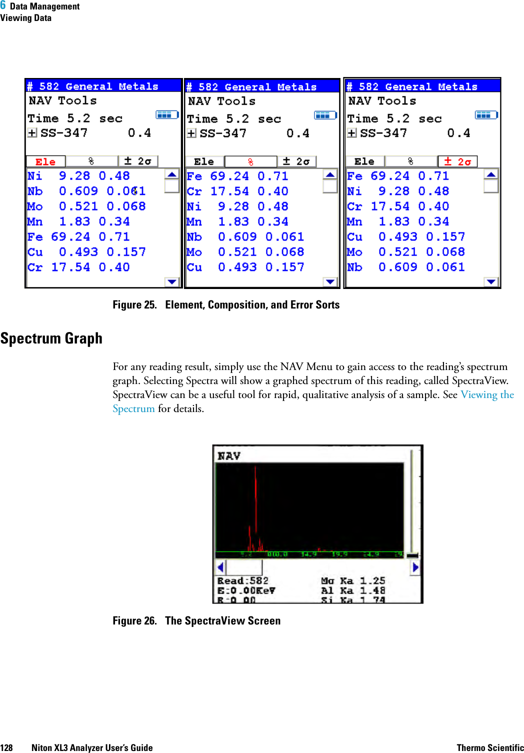 6  Data ManagementViewing Data128 Niton XL3 Analyzer User’s Guide Thermo ScientificFigure 25.  Element, Composition, and Error SortsSpectrum GraphFor any reading result, simply use the NAV Menu to gain access to the reading’s spectrum graph. Selecting Spectra will show a graphed spectrum of this reading, called SpectraView. SpectraView can be a useful tool for rapid, qualitative analysis of a sample. See Viewing the Spectrum for details.Figure 26.  The SpectraView Screen