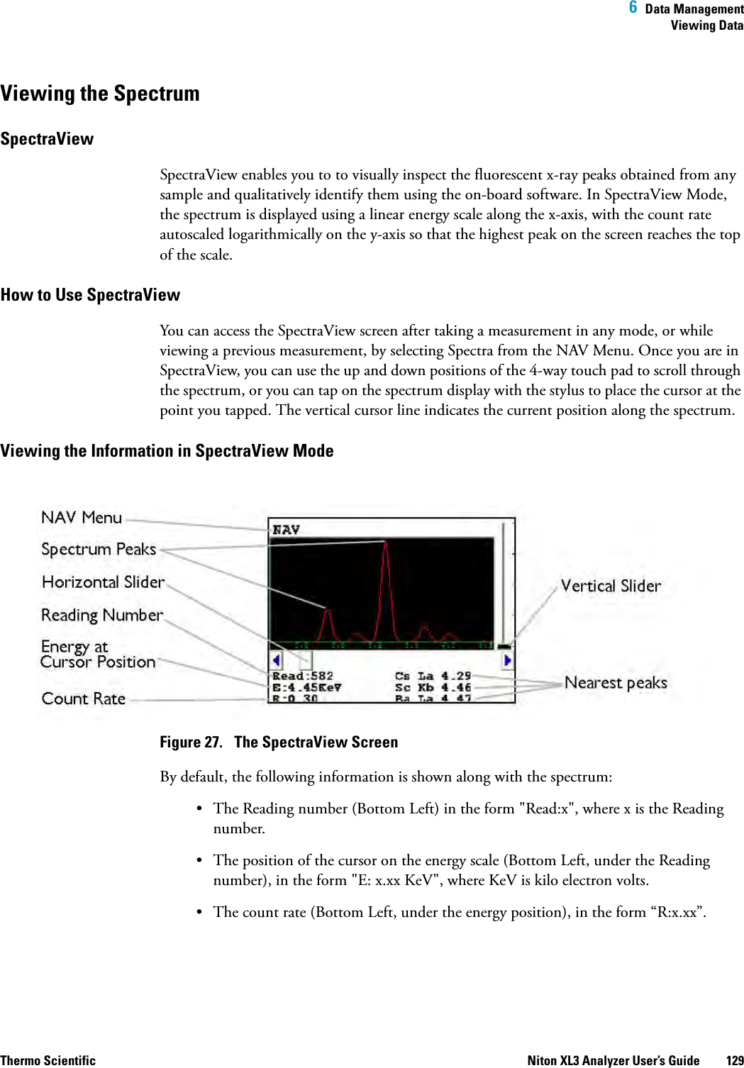  6  Data ManagementViewing DataThermo Scientific Niton XL3 Analyzer User’s Guide 129Viewing the SpectrumSpectraViewSpectraView enables you to to visually inspect the fluorescent x-ray peaks obtained from any sample and qualitatively identify them using the on-board software. In SpectraView Mode, the spectrum is displayed using a linear energy scale along the x-axis, with the count rate autoscaled logarithmically on the y-axis so that the highest peak on the screen reaches the top of the scale.How to Use SpectraView You can access the SpectraView screen after taking a measurement in any mode, or while viewing a previous measurement, by selecting Spectra from the NAV Menu. Once you are in SpectraView, you can use the up and down positions of the 4-way touch pad to scroll through the spectrum, or you can tap on the spectrum display with the stylus to place the cursor at the point you tapped. The vertical cursor line indicates the current position along the spectrum.Viewing the Information in SpectraView ModeFigure 27.  The SpectraView ScreenBy default, the following information is shown along with the spectrum:• The Reading number (Bottom Left) in the form &quot;Read:x&quot;, where x is the Reading number.• The position of the cursor on the energy scale (Bottom Left, under the Reading number), in the form &quot;E: x.xx KeV&quot;, where KeV is kilo electron volts.• The count rate (Bottom Left, under the energy position), in the form “R:x.xx”.