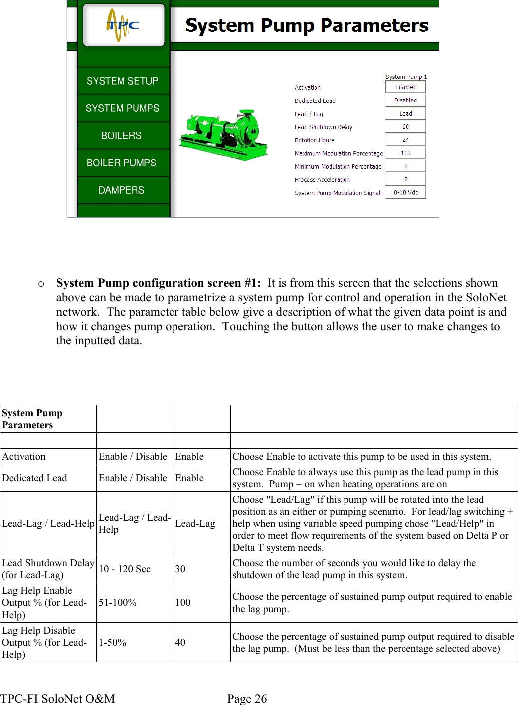 ○System Pump configuration screen #1:  It is from this screen that the selections shown above can be made to parametrize a system pump for control and operation in the SoloNet network.  The parameter table below give a description of what the given data point is and how it changes pump operation.  Touching the button allows the user to make changes to the inputted data.System Pump ParametersActivation Enable / Disable Enable Choose Enable to activate this pump to be used in this system.Dedicated Lead Enable / Disable Enable Choose Enable to always use this pump as the lead pump in this system.  Pump = on when heating operations are onLead-Lag / Lead-Help Lead-Lag / Lead-Help Lead-LagChoose &quot;Lead/Lag&quot; if this pump will be rotated into the lead position as an either or pumping scenario.  For lead/lag switching + help when using variable speed pumping chose &quot;Lead/Help&quot; in order to meet flow requirements of the system based on Delta P or Delta T system needs.Lead Shutdown Delay (for Lead-Lag) 10 - 120 Sec 30 Choose the number of seconds you would like to delay the shutdown of the lead pump in this system.Lag Help Enable Output % (for Lead-Help)51-100%  100 Choose the percentage of sustained pump output required to enable the lag pump.Lag Help Disable Output % (for Lead-Help)1-50%  40 Choose the percentage of sustained pump output required to disable the lag pump.  (Must be less than the percentage selected above)TPC-FI SoloNet O&amp;M                                    Page 26