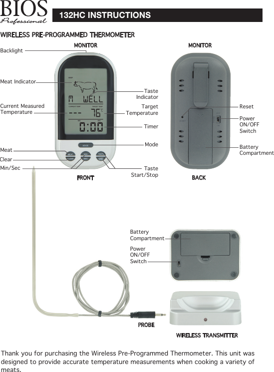 132HC INSTRUCTIONSWIRELESS PRE-PROGRAMMED THERMOMETERMeat IndicatorTasteIndicatorCurrent Measured Temperature Target TemperatureTimerMode MeatMin/Sec TasteStart/StopBacklightResetPower ON/OFF SwitchPower ON/OFF SwitchWIRELESS TRANSMITTERPROBEMONITOR MONITORThank you for purchasing the Wireless Pre-Programmed Thermometer. This unit was designed to provide accurate temperature measurements when cooking a variety of meats. FRONT BACKBatteryCompartmentBatteryCompartmentClear