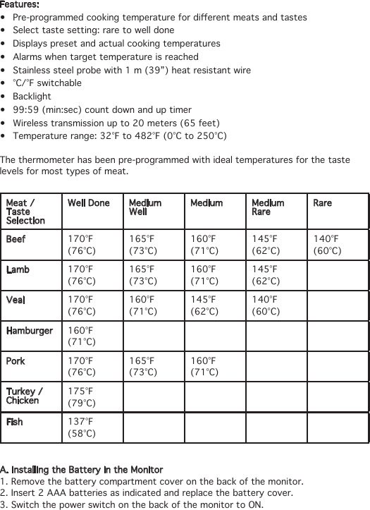 Features:• Pre-programmedcookingtemperaturefordierentmeatsandtastes• Select taste setting: rare to well done• Displays preset and actual cooking temperatures• Alarms when target temperature is reached• Stainless steel probe with 1 m (39”) heat resistant wire• °C/°F switchable• Backlight• 99:59 (min:sec) count down and up timer• Wireless transmission up to 20 meters (65 feet)• Temperature range: 32°F to 482°F (0°C to 250°C)The thermometer has been pre-programmed with ideal temperatures for the taste levels for most types of meat.Meat / Taste SelectionWell Done Medium Well Medium Medium Rare RareBeef 170°F (76°C)165°F (73°C)160°F (71°C)145°F (62°C)140°F (60°C)Lamb 170°F (76°C)165°F (73°C)160°F (71°C)145°F (62°C)Veal 170°F (76°C)160°F (71°C)145°F (62°C)140°F (60°C)Hamburger 160°F (71°C)Pork 170°F (76°C)165°F (73°C)160°F (71°C)Turkey / Chicken 175°F (79°C)Fish 137°F (58°C)A. Installing the Battery in the Monitor1. Remove the battery compartment cover on the back of the monitor.2. Insert 2 AAA batteries as indicated and replace the battery cover.3. Switch the power switch on the back of the monitor to ON.BatteryCompartment