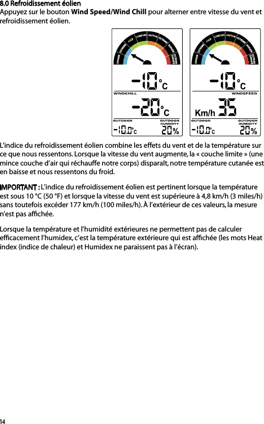 148.0 Refroidissement éolien Appuyez sur le bouton Wind Speed/Wind Chill pour alterner entre vitesse du vent et refroidissement éolien.L’indice du refroidissement éolien combine les effets du vent et de la température sur ce que nous ressentons. Lorsque la vitesse du vent augmente, la « couche limite » (une mince couche d’air qui réchauffe notre corps) disparaît, notre température cutanée est en baisse et nous ressentons du froid.IMPORTANT : L’indice du refroidissement éolien est pertinent lorsque la température est sous 10 °C (50 °F) et lorsque la vitesse du vent est supérieure à 4,8 km/h (3 miles/h) sans toutefois excéder 177 km/h (100 miles/h). À l’extérieur de ces valeurs, la mesure n’est pas afﬁchée. Lorsque la température et l’humidité extérieures ne permettent pas de calculer efﬁcacement l’humidex, c’est la température extérieure qui est afﬁchée (les mots Heat index (indice de chaleur) et Humidex ne paraissent pas à l’écran).