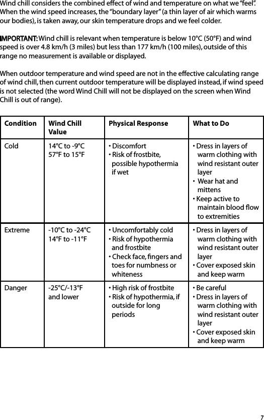 7Wind chill considers the combined effect of wind and temperature on what we “feel”. When the wind speed increases, the “boundary layer” (a thin layer of air which warms our bodies), is taken away, our skin temperature drops and we feel colder.IMPORTANT: Wind chill is relevant when temperature is below 10°C (50°F) and wind speed is over 4.8 km/h (3 miles) but less than 177 km/h (100 miles), outside of this range no measurement is available or displayed. When outdoor temperature and wind speed are not in the effective calculating range of wind chill, then current outdoor temperature will be displayed instead, if wind speed is not selected (the word Wind Chill will not be displayed on the screen when Wind Chill is out of range).Condition Wind Chill ValuePhysical Response What to DoCold 14°C to -9°C 57°F to 15°F• Discomfort• Risk of frostbite,   possible hypothermia   if wet• Dress in layers of    warm clothing with    wind resistant outer    layer•  Wear hat and    mittens• Keep active to    maintain blood ﬂow    to extremitiesExtreme -10°C to -24°C14°F to -11°F• Uncomfortably cold• Risk of hypothermia   and frostbite• Check face, ﬁngers and   toes for numbness or   whiteness• Dress in layers of    warm clothing with    wind resistant outer    layer• Cover exposed skin    and keep warmDanger -25°C/-13°F and lower• High risk of frostbite• Risk of hypothermia, if   outside for long   periods• Be careful• Dress in layers of    warm clothing with    wind resistant outer    layer• Cover exposed skin    and keep warm