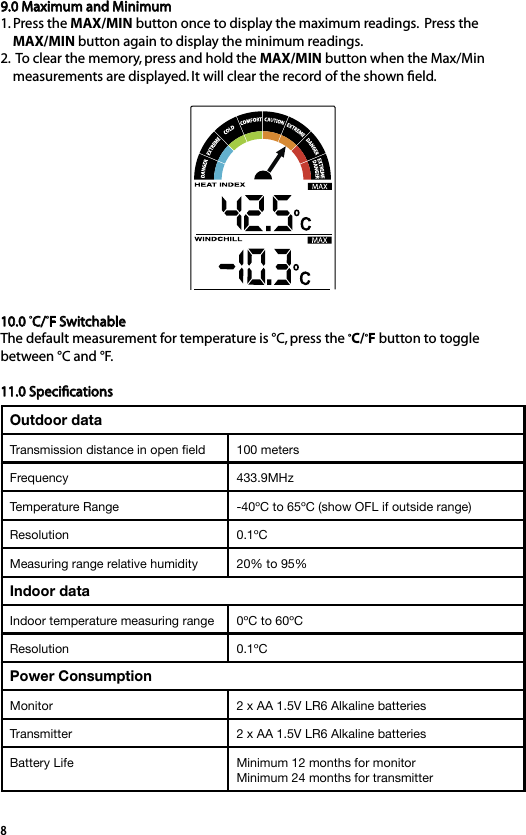 89.0 Maximum and Minimum 1. Press the MAX/MIN button once to display the maximum readings.  Press the     MAX/MIN button again to display the minimum readings.2.  To clear the memory, press and hold the MAX/MIN button when the Max/Min     measurements are displayed. It will clear the record of the shown ﬁeld.10.0 ºC/ºF SwitchableThe default measurement for temperature is °C, press the ºC/ºF button to toggle between °C and °F.11.0 SpeciﬁcationsOutdoor dataTransmission distance in open ﬁeld  100 metersFrequency 433.9MHzTemperature Range -40ºC to 65ºC (show OFL if outside range)Resolution 0.1ºCMeasuring range relative humidity 20% to 95%Indoor dataIndoor temperature measuring range 0ºC to 60ºCResolution 0.1ºCPower ConsumptionMonitor 2 x AA 1.5V LR6 Alkaline batteriesTransmitter 2 x AA 1.5V LR6 Alkaline batteriesBattery Life Minimum 12 months for monitorMinimum 24 months for transmitter