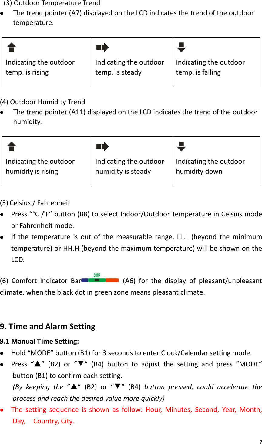 7(3)OutdoorTempe ratureTrendz Thetrendpointer(A7)displayedontheLCDindicatesthetrendoftheoutdoortemperature.Indicatingtheoutdoortemp.isrisingIndicatingtheoutdoortemp.issteadyIndicatingtheoutdoortemp.isfalling(4)OutdoorHumidityTrendz Thetrendpointer(A11)displayedontheLCDindicatesthetrendoftheoutdoorhumidity.IndicatingtheoutdoorhumidityisrisingIndicatingtheoutdoorhumidityissteadyIndicatingtheoutdoorhumiditydown(5) Celsius/Fahrenheitz Press“°C/° F ” button(B8)toselectIndoor/OutdoorTemperatureinCelsiusmodeorFahrenheitmode.z Ifthetemperatureisoutofthemeasurablerange,LL.L(beyondtheminimumtemperature)orHH.H(beyondthemaximumtemperature)willbeshownontheLCD.(6)ComfortIndicatorBar (A6)forthedisplayofpleasant/unpleasantclimate,whentheblackdotingreenzonemeanspleasantclimate.9.TimeandAlarmSetting9.1 ManualTimeSetting:z Hold“MODE”button(B1)for3secondstoenterClock/Calendarsettingmode.z Press“▲”(B2)or“▼”(B4)buttontoadjustthesettingandpress“MODE”button(B1)toconfirmeachsetting.(Bykeepingthe“▲”(B2)or“▼”(B4)buttonpressed,couldacceleratetheprocessandreachthedesiredvaluemorequickly)z Thesettingsequenceisshownasfollow:Hour,Minutes,Second,Year,Month,Day,Country,City.