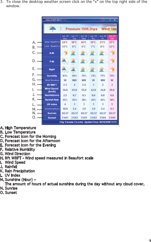 93.  To close the desktop weather screen click on the “x” on the top right side of the window.A.B.C.D.E.F.G.H.I.J.K.L.M.N.O.A. High Temperature B. Low Temperature C. Forecast Icon for the MorningD. Forecast Icon for the AfternoonE. Forecast Icon for the EveningF. Relative Humidity G. Wind Direction H. Bft WBFT - Wind speed measured in Beaufort scaleI.  Wind SpeedJ. RainfallK. Rain PrecipitationL  UV IndexM. Sunshine (Hour) –  The amount of hours of actual sunshine during the day without any cloud cover.N. SunriseO. Sunset