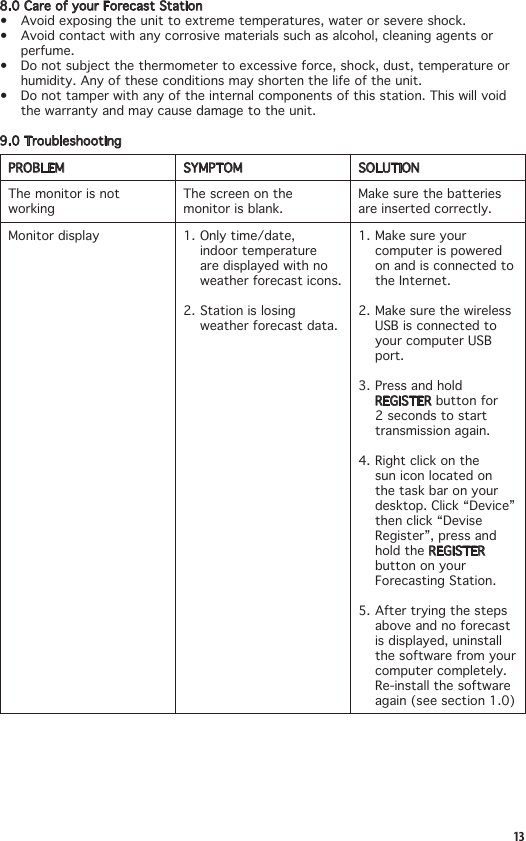138.0CareofyourForecastStation• Avoidexposingtheunittoextremetemperatures,waterorsevereshock.• Avoidcontactwithanycorrosivematerialssuchasalcohol,cleaningagentsorperfume.• Donotsubjectthethermometertoexcessiveforce,shock,dust,temperatureorhumidity. Any of these conditions may shorten the life of the unit.• Donottamperwithanyoftheinternalcomponentsofthisstation.Thiswillvoidthe warranty and may cause damage to the unit.9.0TroubleshootingPROBLEM SYMPTOM SOLUTIONThe monitor is not workingThe screen on the monitor is blank.Make sure the batteries are inserted correctly.Monitor display 1. Only time/date, indoor temperature are displayed with no weather forecast icons.2. Station is losing weather forecast data.1. Make sure your computer is powered on and is connected to the Internet.2. Make sure the wireless USB is connected to your computer USB port.3. Press and hold REGISTER button for 2 seconds to start transmission again.4. Right click on the sun icon located on the task bar on your desktop. Click “Device” then click “Devise Register”, press and hold the REGISTER button on your Forecasting Station.5. After trying the steps above and no forecast is displayed, uninstall the software from your computer completely. Re-install the software again(seesection1.0)