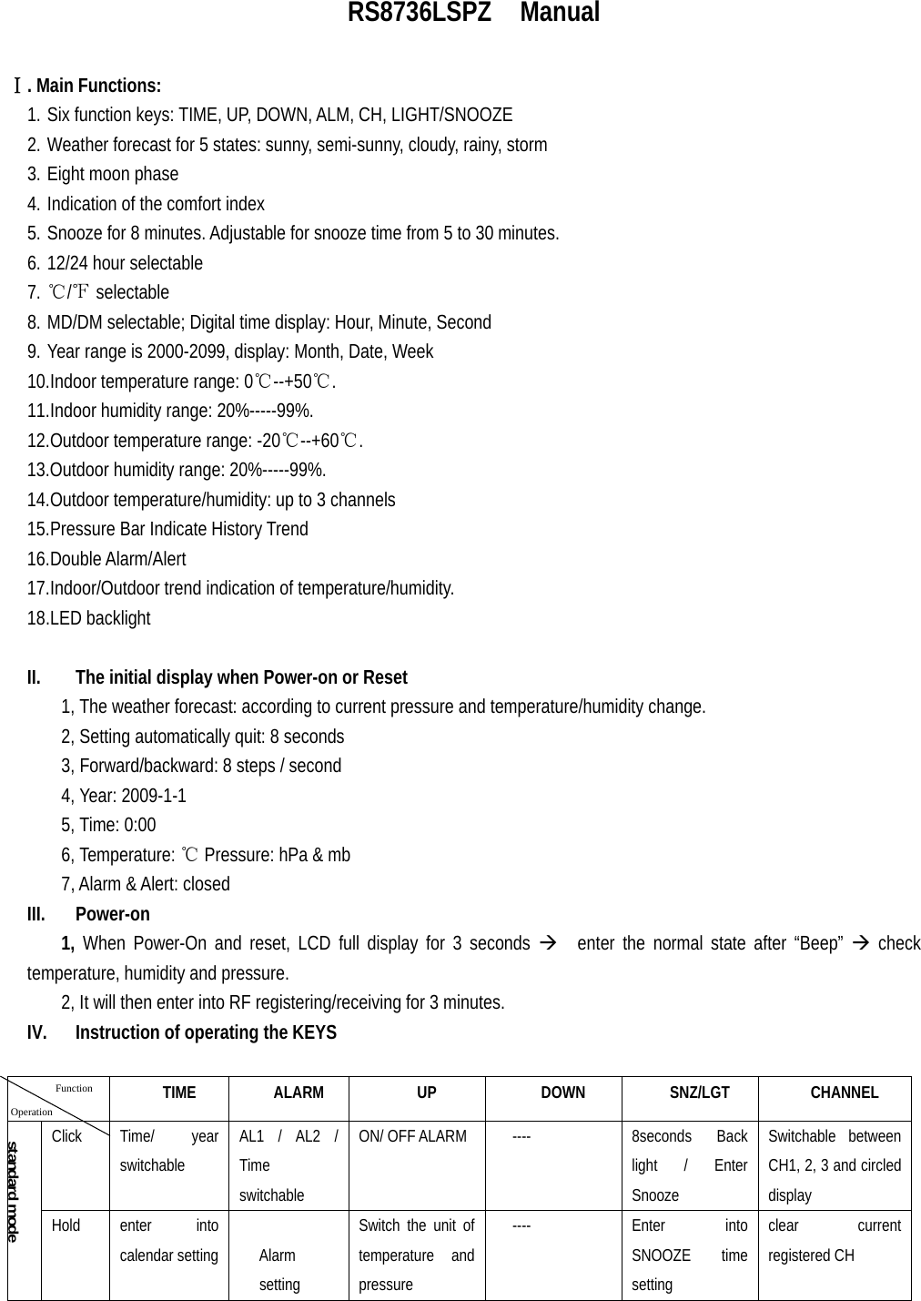   RS8736LSPZ  Manual  Ⅰ. Main Functions: 1. Six function keys: TIME, UP, DOWN, ALM, CH, LIGHT/SNOOZE 2. Weather forecast for 5 states: sunny, semi-sunny, cloudy, rainy, storm 3. Eight moon phase 4. Indication of the comfort index 5. Snooze for 8 minutes. Adjustable for snooze time from 5 to 30 minutes. 6. 12/24 hour selectable 7. ℃/℉ selectable 8. MD/DM selectable; Digital time display: Hour, Minute, Second 9. Year range is 2000-2099, display: Month, Date, Week 10.Indoor temperature range: 0℃--+50℃.  11.Indoor humidity range: 20%-----99%.   12.Outdoor temperature range: -20℃--+60℃.  13.Outdoor humidity range: 20%-----99%.   14.Outdoor temperature/humidity: up to 3 channels 15.Pressure Bar Indicate History Trend 16.Double Alarm/Alert 17.Indoor/Outdoor trend indication of temperature/humidity. 18.LED backlight  II. The initial display when Power-on or Reset 1, The weather forecast: according to current pressure and temperature/humidity change.   2, Setting automatically quit: 8 seconds 3, Forward/backward: 8 steps / second 4, Year: 2009-1-1 5, Time: 0:00 6, Temperature: ℃ Pressure: hPa &amp; mb 7, Alarm &amp; Alert: closed III. Power-on 1, When Power-On and reset, LCD full display for 3 seconds Æ  enter the normal state after “Beep” Æ check temperature, humidity and pressure. 2, It will then enter into RF registering/receiving for 3 minutes.   IV. Instruction of operating the KEYS   TIME ALARM UP DOWN SNZ/LGT CHANNEL Click   Time/  year switchable AL1 / AL2 / Time switchable ON/ OFF ALARM     ----  8seconds  Back light / Enter Snooze Switchable between CH1, 2, 3 and circled display standard mode Hold enter  into  calendar setting  Alarm setting Switch the unit of temperature and pressure   ----  Enter  into SNOOZE time setting clear current registered CH Function Operation 