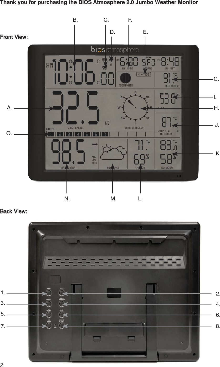 2B.A.O.C. F.D. E.G.H.I.J.KL.M.N.1. 2.3.6.8.5.7.4.Front View:Back View:Thank you for purchasing the BIOS Atmosphere 2.0 Jumbo Weather Monitor