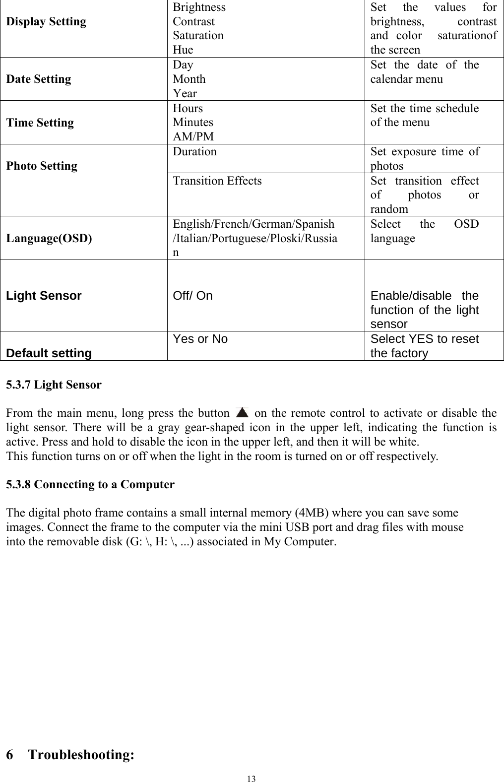   13 Display Setting Brightness Contrast Saturation Hue Set the values for brightness,  contrast and color  saturationof the screen  Date Setting Day Month Year Set the date of the calendar menu  Time Setting Hours Minutes AM/PM Set the time schedule of the menu Duration  Set exposure time of photos  Photo Setting Transition Effects  Set transition effect of photos or  random  Language(OSD) English/French/German/Spanish /Italian/Portuguese/Ploski/Russian Select the OSD language   Light Sensor   Off/ On   Enable/disable the function of the light sensor  Default setting  Yes or No    Select YES to reset the factory  5.3.7 Light Sensor  From the main menu, long press the button    on the remote control to activate or disable the light sensor. There will be a gray gear-shaped icon in the upper left, indicating the function is active. Press and hold to disable the icon in the upper left, and then it will be white.   This function turns on or off when the light in the room is turned on or off respectively.   5.3.8 Connecting to a Computer  The digital photo frame contains a small internal memory (4MB) where you can save some images. Connect the frame to the computer via the mini USB port and drag files with mouse into the removable disk (G: \, H: \, ...) associated in My Computer.               6  Troubleshooting: 