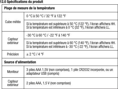 12.0 Spéciﬁcations du produitPlage de mesure de la températureCubemétéo0°Cà50°C/32°Fà122°FSilatempératureestsupérieureà50°C(122°F),l’écranafcheraHH.Silatempératureestinférieureà0°C(32°F),l’écranafcheraLL.Capteurextérieur-30°Cà60°C/-22°Fà140°FSilatempératureestsupérieureà60°C(140°F),l’écranafcheraHH.Silatempératureestinférieureà-30°C(-22°F),l’écranafcheraLL.Précision ±2°C/4°FSource d’alimentationMoniteur 3pilesAAA1,5V(noncomprises),1pileCR2032incorporée,ouunadaptateurUSB(compris)Capteurextérieur 2pilesAAA,1,5V(noncomprises)