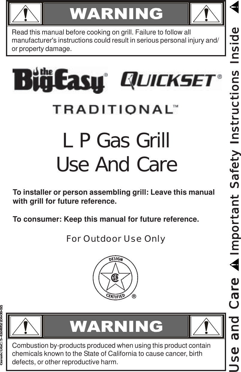 Thermos The Big Easy Quickset Traditional Lp Gas Grill Users Manual