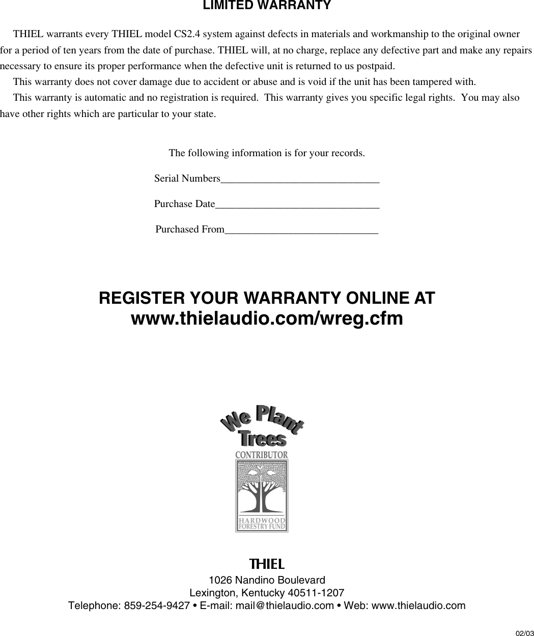 Page 6 of 6 - Thiel-Audio-Products Thiel-Audio-Products-Cs2-4-Users-Manual- CS2.4 Owner Info  Thiel-audio-products-cs2-4-users-manual