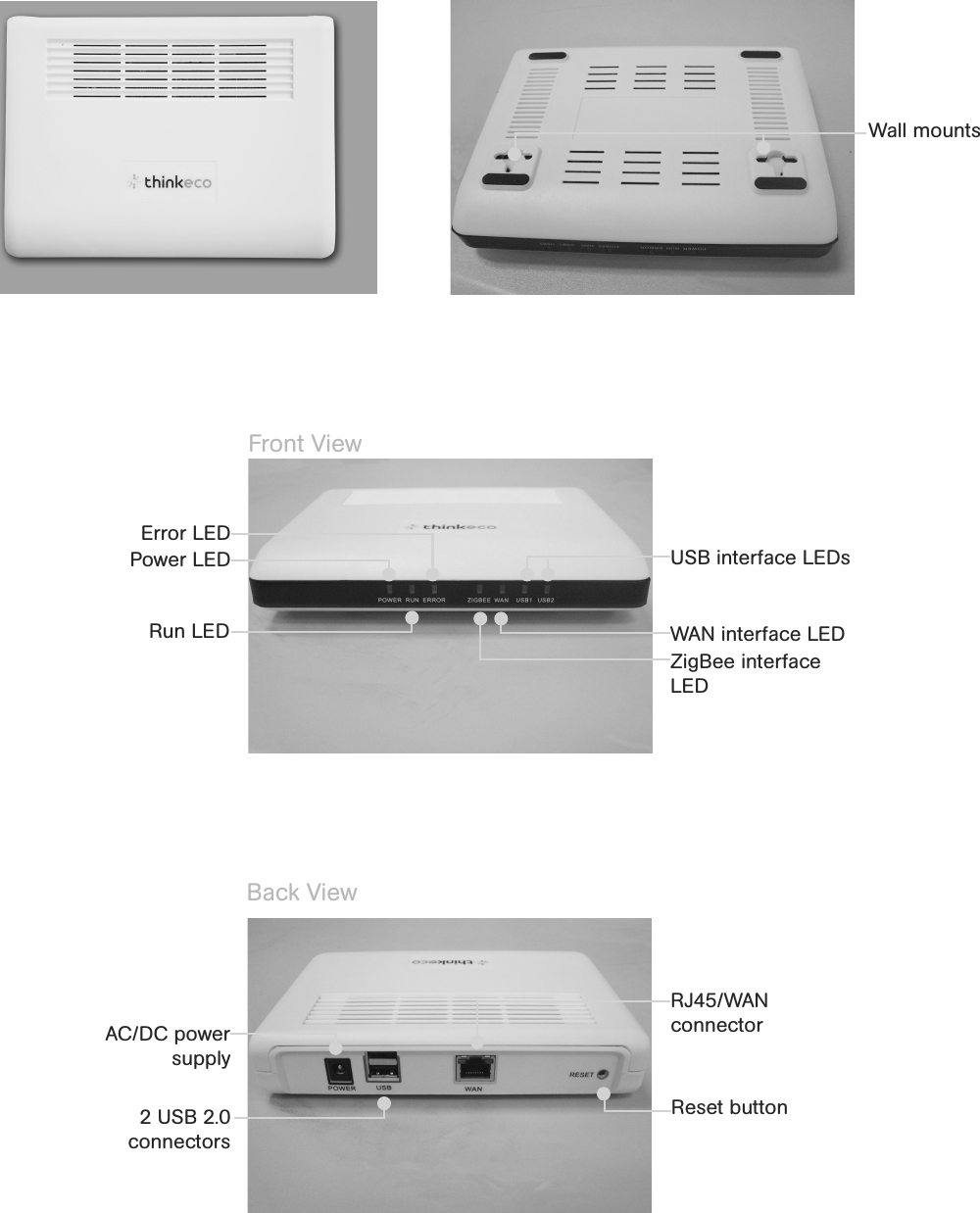 Back ViewHardwareTop View Bottom ViewWall mountsFront ViewWAN interface LEDUSB interface LEDsZigBee interface LEDPower LEDError LEDRun LEDAC/DC power supplyRJ45/WAN connector2 USB 2.0 connectors Reset button