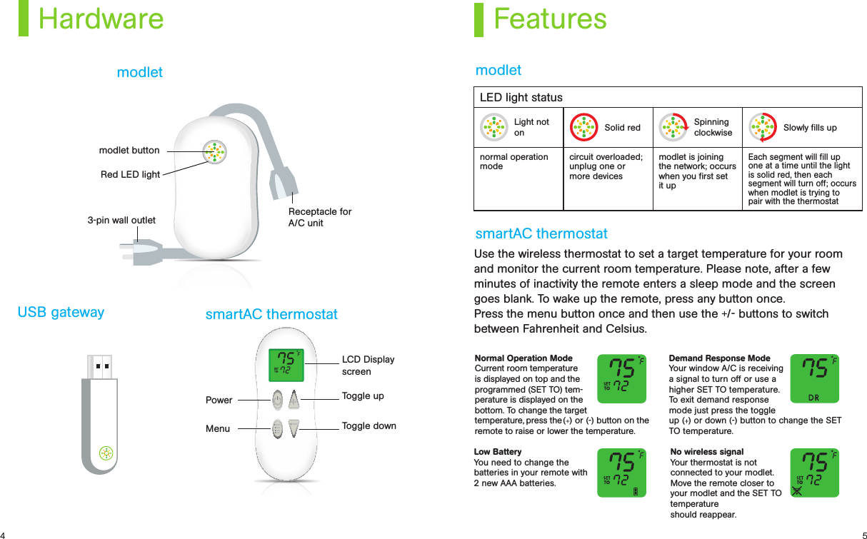 54No wireless signal Your thermostat is not connected to your modlet. Move the remote closer to your modlet and the SET TO temperature  should reappear. Low BatteryYou need to change the batteries in your remote with 2 new AAA batteries. Demand Response Mode Your window A/C is receiving a signal to turn off or use a higher SET TO temperature. To exit demand response mode just press the toggle up ( ) or down (-) button to change the SET TO temperature.Normal Operation Mode Current room temperature is displayed on top and the programmed (SET TO) tem-perature is displayed on the bottom. To change the target temperature,  press  the ( ) or (-) button on the remote to raise or lower the temperature. HardwaremodletsmartAC thermostat modletUSB gateway smartAC thermostatRed LED light3-pin wall outletmodlet buttonPowerLCD Display screenToggle upToggle downMenuFeaturesLED light statusLight not on Solid red Spinning clockwise Slowly ﬁlls upnormal operation modecircuit overloaded; unplug one or more devicesmodlet is joining the network; occurs when you ﬁrst set it upEach segment will ﬁll up one at a time until the light is solid red, then each segment will turn off; occurs when modlet is trying to pair with the thermostatReceptacle for A/C unitUse the wireless thermostat to set a target temperature for your room and monitor the current room temperature. Please note, after a few minutes of inactivity the remote enters a sleep mode and the screen goes blank. To wake up the remote, press any button once. Press the menu button once and then use the  /- buttons to switch between Fahrenheit and Celsius.