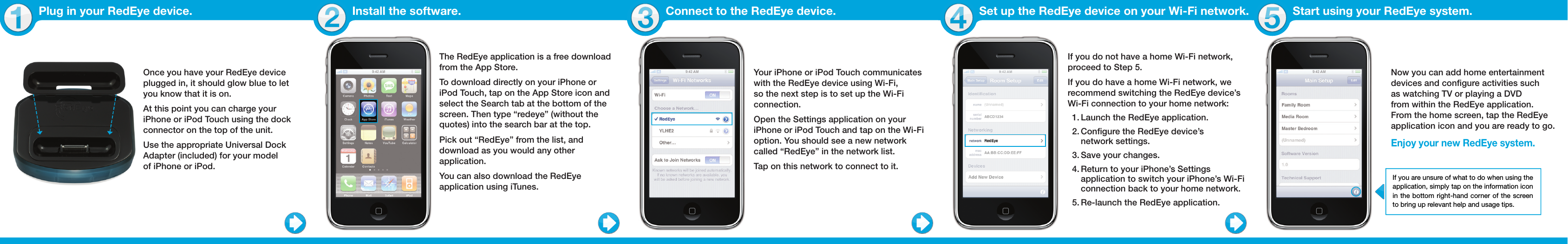 Plug in your RedEye device.Once you have your RedEye device plugged in, it should glow blue to let you know that it is on. At this point you can charge your iPhone or iPod Touch using the dock connector on the top of the unit. Use the appropriate Universal Dock Adapter (included) for your model of iPhone or iPod.The RedEye application is a free download from the App Store. To download directly on your iPhone or iPod Touch, tap on the App Store icon and select the Search tab at the bottom of the screen. Then type “redeye” (without the quotes) into the search bar at the top. Pick out “RedEye” from the list, and download as you would any other application. You can also download the RedEye application using iTunes.Install the software.Your iPhone or iPod Touch communicates with the RedEye device using Wi-Fi, so the next step is to set up the Wi-Fi connection. Open the Settings application on your iPhone or iPod Touch and tap on the Wi-Fi option. You should see a new network called “RedEye” in the network list. Tap on this network to connect to it.Connect to the RedEye device.If you do not have a home Wi-Fi network, proceed to Step 5.If you do have a home Wi-Fi network, we recommend switching the RedEye device’s Wi-Fi connection to your home network:Launch the RedEye application.1. Configure the RedEye device’s 2. network settings.Save your changes.3. Return to your iPhone’s Settings 4. application to switch your iPhone’s Wi-Fi connection back to your home network.Re-launch the RedEye application.5. Set up the RedEye device on your Wi-Fi network. Enjoy your new RedEye system.Start using your RedEye system.If you are unsure of what to do when using the application, simply tap on the information icon in the bottom right-hand corner of the screen to bring up relevant help and usage tips.Now you can add home entertainment devices and configure activities such as watching TV or playing a DVD from within the RedEye application. From the home screen, tap the RedEye application icon and you are ready to go.