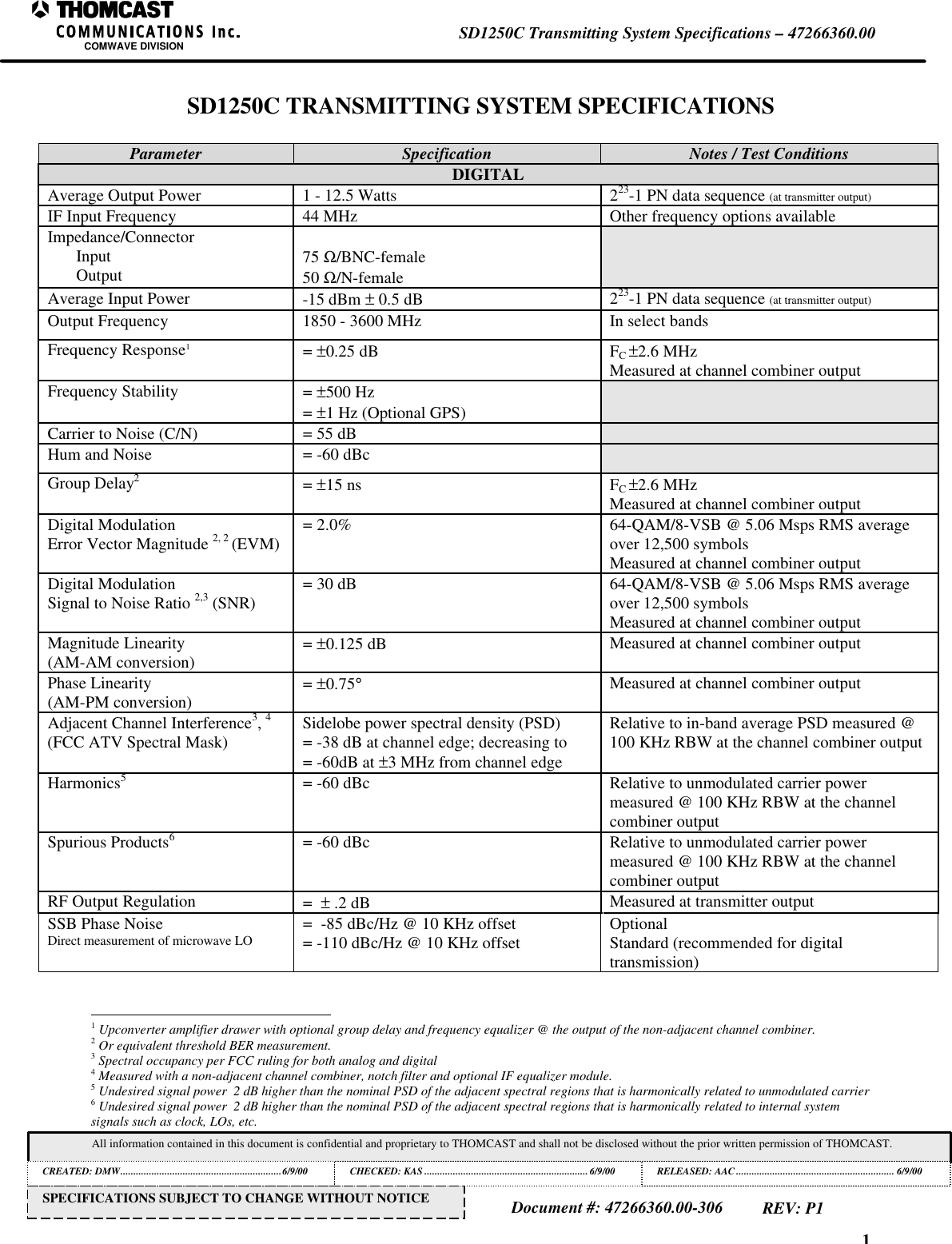 1SD1250C Transmitting System Specifications &ndash; 47266360.00COMWAVE DIVISIONAll information contained in this document is confidential and proprietary to THOMCAST and shall not be disclosed without the prior written permission of THOMCAST.CREATED: DMW..............................................................6/9/00 CHECKED: KAS ...............................................................6/9/00RELEASED: AAC............................................................. 6/9/00Document #: 47266360.00-306REV: P1SPECIFICATIONS SUBJECT TO CHANGE WITHOUT NOTICESD1250C TRANSMITTING SYSTEM SPECIFICATIONSParameter Specification Notes / Test ConditionsDIGITALAverage Output Power 1 - 12.5 Watts 223-1 PN data sequence (at transmitter output)IF Input Frequency 44 MHz Other frequency options availableImpedance/ConnectorInputOutput 75 Ω/BNC-female50 Ω/N-femaleAverage Input Power -15 dBm &plusmn; 0.5 dB 223-1 PN data sequence (at transmitter output)Output Frequency 1850 - 3600 MHz In select bandsFrequency Response1= &plusmn;0.25 dB FC &plusmn;2.6 MHzMeasured at channel combiner outputFrequency Stability = &plusmn;500 Hz= &plusmn;1 Hz (Optional GPS)Carrier to Noise (C/N) = 55 dBHum and Noise = -60 dBcGroup Delay2= &plusmn;15 ns FC &plusmn;2.6 MHzMeasured at channel combiner outputDigital ModulationError Vector Magnitude 2, 2 (EVM)= 2.0% 64-QAM/8-VSB @ 5.06 Msps RMS averageover 12,500 symbolsMeasured at channel combiner outputDigital ModulationSignal to Noise Ratio 2,3 (SNR)= 30 dB 64-QAM/8-VSB @ 5.06 Msps RMS averageover 12,500 symbolsMeasured at channel combiner outputMagnitude Linearity(AM-AM conversion)= &plusmn;0.125 dB Measured at channel combiner outputPhase Linearity(AM-PM conversion)= &plusmn;0.75&deg;Measured at channel combiner outputAdjacent Channel Interference3, 4(FCC ATV Spectral Mask) Sidelobe power spectral density (PSD)= -38 dB at channel edge; decreasing to= -60dB at &plusmn;3 MHz from channel edgeRelative to in-band average PSD measured @100 KHz RBW at the channel combiner outputHarmonics5= -60 dBc Relative to unmodulated carrier powermeasured @ 100 KHz RBW at the channelcombiner outputSpurious Products6= -60 dBc Relative to unmodulated carrier powermeasured @ 100 KHz RBW at the channelcombiner outputRF Output Regulation =  &plusmn; .2 dB Measured at transmitter outputSSB Phase NoiseDirect measurement of microwave LO=  -85 dBc/Hz @ 10 KHz offset= -110 dBc/Hz @ 10 KHz offset OptionalStandard (recommended for digitaltransmission)                                                          1 Upconverter amplifier drawer with optional group delay and frequency equalizer @ the output of the non-adjacent channel combiner.2 Or equivalent threshold BER measurement.3 Spectral occupancy per FCC ruling for both analog and digital4 Measured with a non-adjacent channel combiner, notch filter and optional IF equalizer module.5 Undesired signal power  2 dB higher than the nominal PSD of the adjacent spectral regions that is harmonically related to unmodulated carrier6 Undesired signal power  2 dB higher than the nominal PSD of the adjacent spectral regions that is harmonically related to internal systemsignals such as clock, LOs, etc.