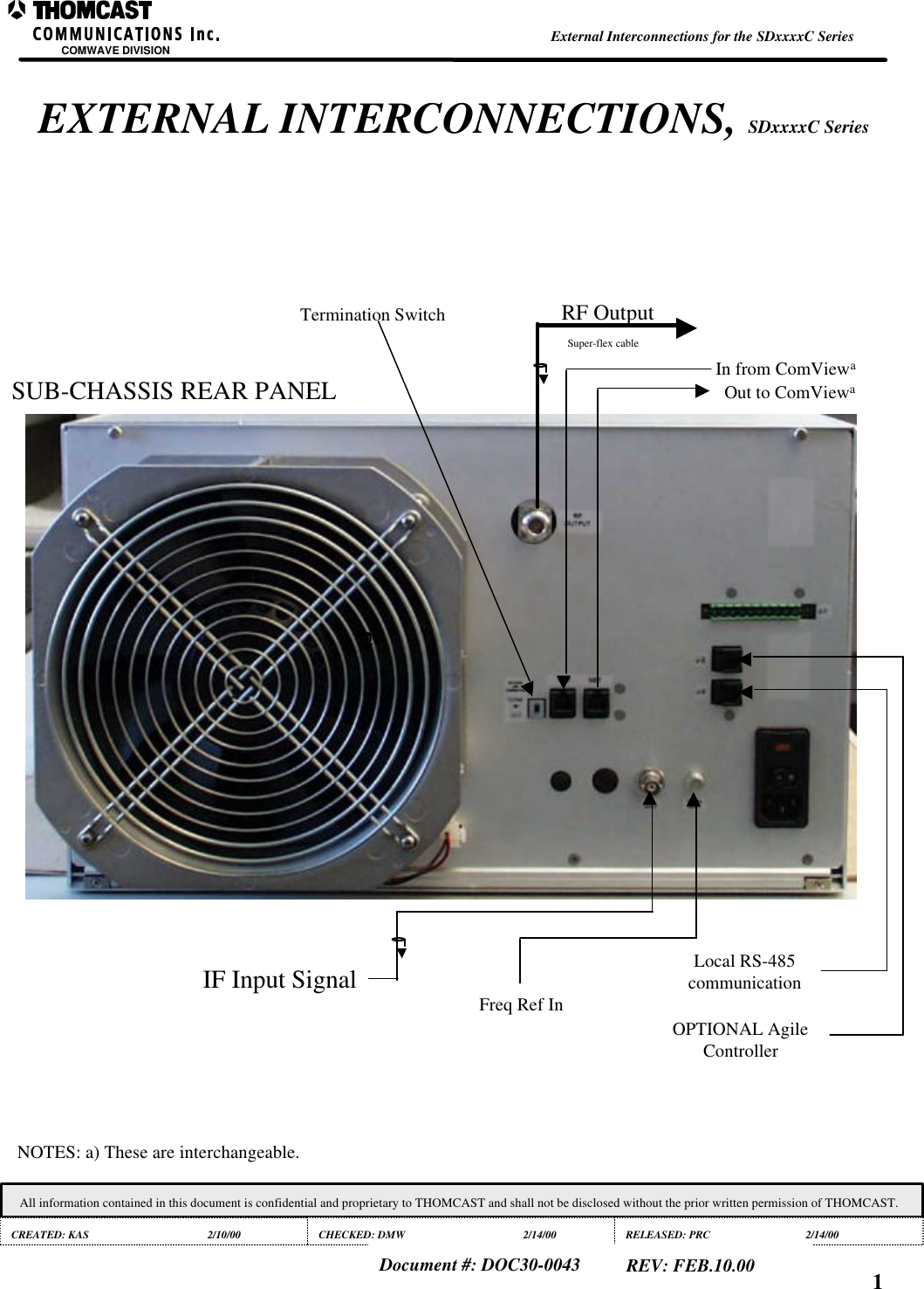 EXTERNAL INTERCONNECTIONS, SDxxxxC SeriesCOMWAVE DIVISION External Interconnections for the SDxxxxC SeriesAll information contained in this document is confidential and proprietary to THOMCAST and shall not be disclosed without the prior written permission of THOMCAST.CREATED: KAS 2/10/00 CHECKED: DMW 2/14/00 RELEASED: PRC 2/14/00Document #: DOC30-0043 REV: FEB.10.00 1SUB-CHASSIS REAR PANELIF Input SignalRF OutputSuper-flex cableIn from ComViewaOut to ComViewaTermination SwitchOPTIONAL AgileControllerLocal RS-485communicationFreq Ref InNOTES: a) These are interchangeable.