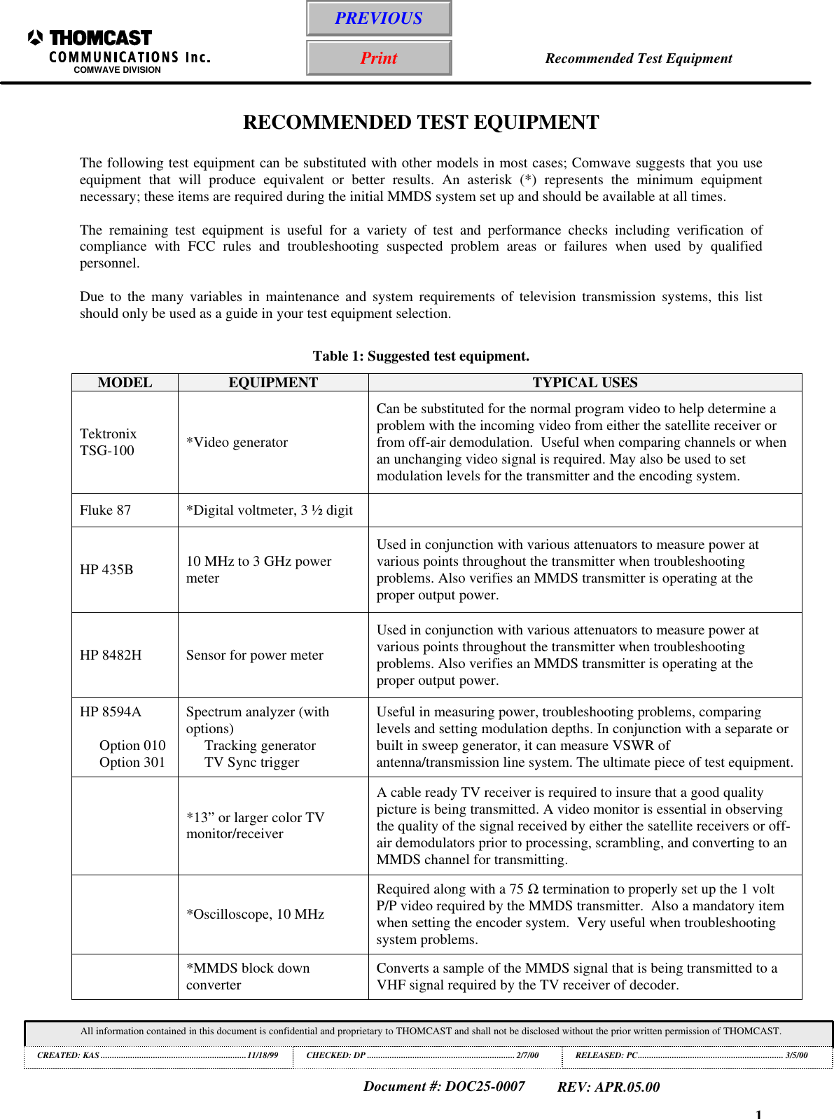 1Recommended Test EquipmentCOMWAVE DIVISIONAll information contained in this document is confidential and proprietary to THOMCAST and shall not be disclosed without the prior written permission of THOMCAST.CREATED: KAS ................................................................11/18/99 CHECKED: DP .................................................................2/7/00RELEASED: PC................................................................ 3/5/00Document #: DOC25-0007REV: APR.05.00RECOMMENDED TEST EQUIPMENTThe following test equipment can be substituted with other models in most cases; Comwave suggests that you useequipment that will produce equivalent or better results. An asterisk (*) represents the minimum equipmentnecessary; these items are required during the initial MMDS system set up and should be available at all times.The remaining test equipment is useful for a variety of test and performance checks including verification ofcompliance with FCC rules and troubleshooting suspected problem areas or failures when used by qualifiedpersonnel.Due to the many variables in maintenance and system requirements of television transmission systems, this listshould only be used as a guide in your test equipment selection.Table 1: Suggested test equipment.MODEL EQUIPMENT TYPICAL USESTektronixTSG-100 *Video generatorCan be substituted for the normal program video to help determine aproblem with the incoming video from either the satellite receiver orfrom off-air demodulation.  Useful when comparing channels or whenan unchanging video signal is required. May also be used to setmodulation levels for the transmitter and the encoding system.Fluke 87 *Digital voltmeter, 3 &frac12; digitHP 435B 10 MHz to 3 GHz powermeterUsed in conjunction with various attenuators to measure power atvarious points throughout the transmitter when troubleshootingproblems. Also verifies an MMDS transmitter is operating at theproper output power.HP 8482H Sensor for power meterUsed in conjunction with various attenuators to measure power atvarious points throughout the transmitter when troubleshootingproblems. Also verifies an MMDS transmitter is operating at theproper output power.HP 8594AOption 010Option 301Spectrum analyzer (withoptions)Tracking generatorTV Sync triggerUseful in measuring power, troubleshooting problems, comparinglevels and setting modulation depths. In conjunction with a separate orbuilt in sweep generator, it can measure VSWR ofantenna/transmission line system. The ultimate piece of test equipment.*13&rdquo; or larger color TVmonitor/receiverA cable ready TV receiver is required to insure that a good qualitypicture is being transmitted. A video monitor is essential in observingthe quality of the signal received by either the satellite receivers or off-air demodulators prior to processing, scrambling, and converting to anMMDS channel for transmitting.*Oscilloscope, 10 MHzRequired along with a 75 Ω termination to properly set up the 1 voltP/P video required by the MMDS transmitter.  Also a mandatory itemwhen setting the encoder system.  Very useful when troubleshootingsystem problems.*MMDS block downconverter Converts a sample of the MMDS signal that is being transmitted to aVHF signal required by the TV receiver of decoder.PREVIOUSPrint