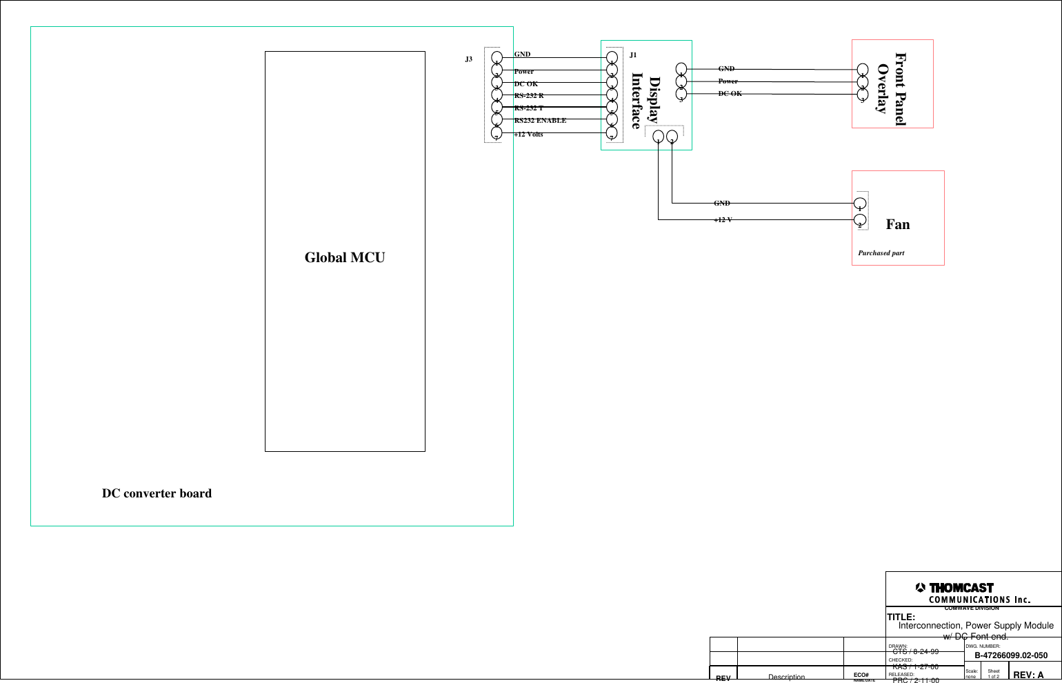 DRAWN:RELEASED:CHECKED:DWG. NUMBER:TITLE:REV: AB-47266099.02-050CTS / 8-24-99PRC / 2-11-00REV Description KAS / 1-27-00 Scale:none Sheet1 of 2COMWAVE DIVISION ECO#NAME/DATEGlobal MCUDisplayInterfaceFan123456J3 J11 221GND+12 VGNDPowerDC OKRS-232 RRS232 ENABLERS-232 TInterconnection, Power Supply Modulew/ DC Font end.Front PanelOverlay123456123123GNDPowerDC OKPurchased partDC converter board7+12 Volts7