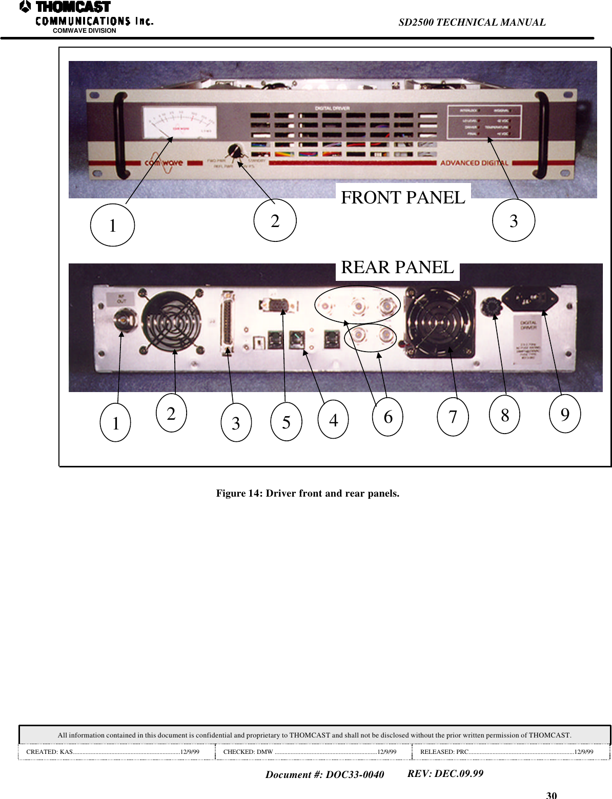 30SD2500 TECHNICAL MANUALCOMWAVE DIVISIONAll information contained in this document is confidential and proprietary to THOMCAST and shall not be disclosed without the prior written permission of THOMCAST.CREATED: KAS...................................................................12/9/99 CHECKED: DMW ................................................................12/9/99 RELEASED: PRC..................................................................12/9/99Document #: DOC33-0040REV: DEC.09.9912 3123456 7 89FRONT PANELREAR PANELFigure 14: Driver front and rear panels.