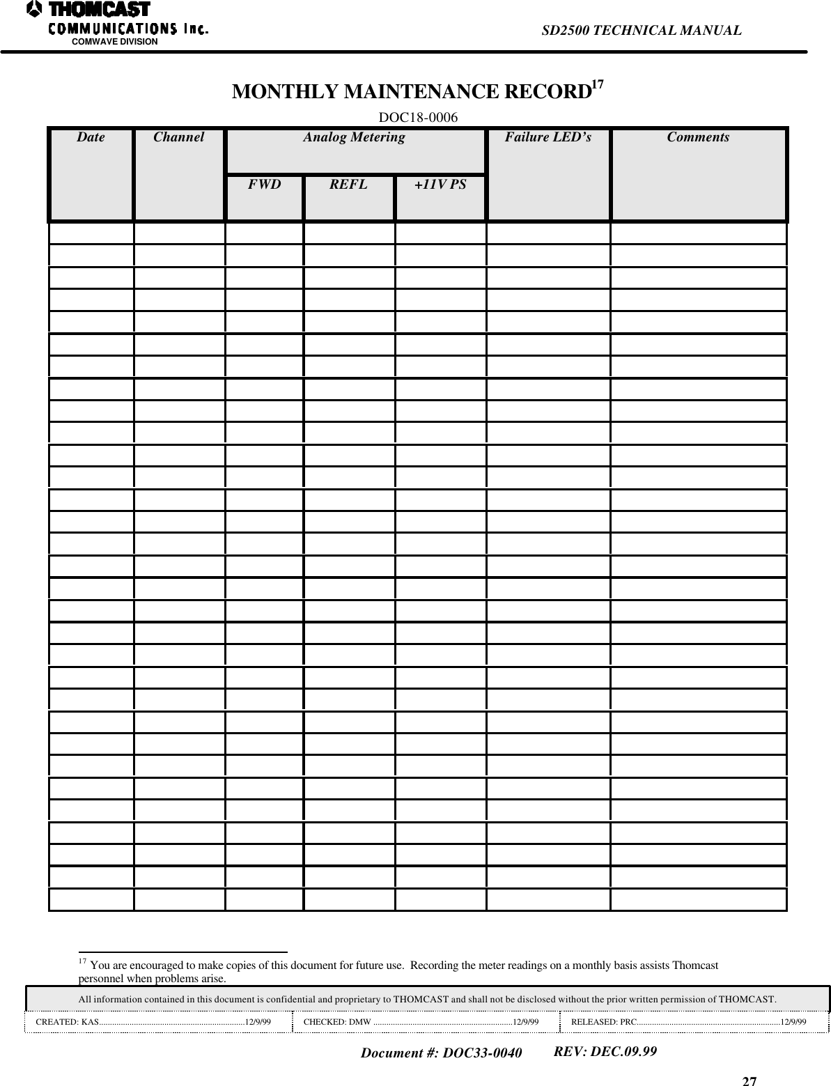 27SD2500 TECHNICAL MANUALCOMWAVE DIVISIONAll information contained in this document is confidential and proprietary to THOMCAST and shall not be disclosed without the prior written permission of THOMCAST.CREATED: KAS...................................................................12/9/99 CHECKED: DMW ................................................................12/9/99 RELEASED: PRC..................................................................12/9/99Document #: DOC33-0040REV: DEC.09.99MONTHLY MAINTENANCE RECORD17DOC18-0006Analog MeteringDate ChannelFWD REFL +11V PSFailure LED&rsquo;s Comments                                                                17 You are encouraged to make copies of this document for future use.  Recording the meter readings on a monthly basis assists Thomcastpersonnel when problems arise.