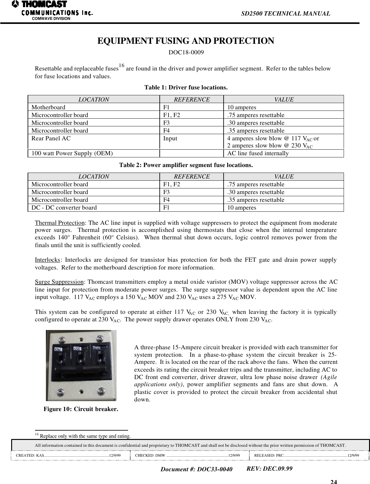 24SD2500 TECHNICAL MANUALCOMWAVE DIVISIONAll information contained in this document is confidential and proprietary to THOMCAST and shall not be disclosed without the prior written permission of THOMCAST.CREATED: KAS...................................................................12/9/99 CHECKED: DMW ................................................................12/9/99 RELEASED: PRC..................................................................12/9/99Document #: DOC33-0040REV: DEC.09.99EQUIPMENT FUSING AND PROTECTIONDOC18-0009Resettable and replaceable fuses16 are found in the driver and power amplifier segment.  Refer to the tables belowfor fuse locations and values.Table 1: Driver fuse locations.LOCATION REFERENCE VALUEMotherboard F1 10 amperesMicrocontroller board F1, F2 .75 amperes resettableMicrocontroller board F3 .30 amperes resettableMicrocontroller board F4 .35 amperes resettableRear Panel AC Input 4 amperes slow blow @ 117 VAC or2 amperes slow blow @ 230 VAC100 watt Power Supply (OEM) AC line fused internallyTable 2: Power amplifier segment fuse locations.LOCATION REFERENCE VALUEMicrocontroller board F1, F2 .75 amperes resettableMicrocontroller board F3 .30 amperes resettableMicrocontroller board F4 .35 amperes resettableDC - DC converter board F1 10 amperesThermal Protection: The AC line input is supplied with voltage suppressers to protect the equipment from moderatepower surges.  Thermal protection is accomplished using thermostats that close when the internal temperatureexceeds 140&deg; Fahrenheit (60&deg; Celsius).  When thermal shut down occurs, logic control removes power from thefinals until the unit is sufficiently cooled.Interlocks: Interlocks are designed for transistor bias protection for both the FET gate and drain power supplyvoltages.  Refer to the motherboard description for more information.Surge Suppression: Thomcast transmitters employ a metal oxide varistor (MOV) voltage suppressor across the ACline input for protection from moderate power surges.  The surge suppressor value is dependent upon the AC lineinput voltage.  117 VAC employs a 150 VAC MOV and 230 VAC uses a 275 VAC MOV.This system can be configured to operate at either 117 VAC or 230 VAC, when leaving the factory it is typicallyconfigured to operate at 230 VAC.  The power supply drawer operates ONLY from 230 VAC.Figure 10: Circuit breaker.A three-phase 15-Ampere circuit breaker is provided with each transmitter forsystem protection.  In a phase-to-phase system the circuit breaker is 25-Ampere.  It is located on the rear of the rack above the fans.  When the currentexceeds its rating the circuit breaker trips and the transmitter, including AC toDC front end converter, driver drawer, ultra low phase noise drawer  (Agileapplications only), power amplifier segments and fans are shut down.  Aplastic cover is provided to protect the circuit breaker from accidental shutdown.                                                                16 Replace only with the same type and rating.