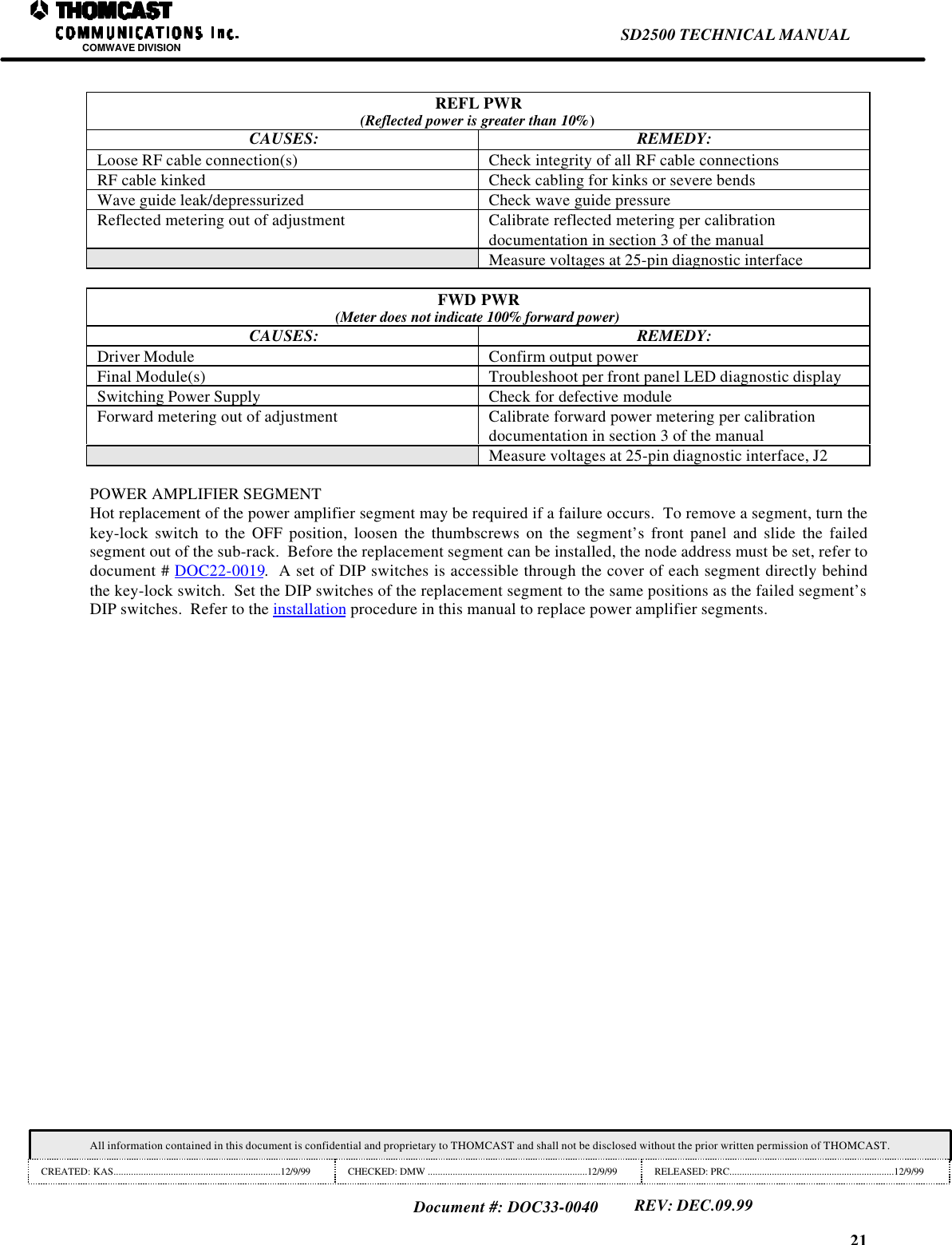 21SD2500 TECHNICAL MANUALCOMWAVE DIVISIONAll information contained in this document is confidential and proprietary to THOMCAST and shall not be disclosed without the prior written permission of THOMCAST.CREATED: KAS...................................................................12/9/99 CHECKED: DMW ................................................................12/9/99 RELEASED: PRC..................................................................12/9/99Document #: DOC33-0040REV: DEC.09.99REFL PWR(Reflected power is greater than 10%)CAUSES: REMEDY:Loose RF cable connection(s) Check integrity of all RF cable connectionsRF cable kinked Check cabling for kinks or severe bendsWave guide leak/depressurized Check wave guide pressureReflected metering out of adjustment Calibrate reflected metering per calibrationdocumentation in section 3 of the manualMeasure voltages at 25-pin diagnostic interfaceFWD PWR(Meter does not indicate 100% forward power)CAUSES: REMEDY:Driver Module Confirm output powerFinal Module(s) Troubleshoot per front panel LED diagnostic displaySwitching Power Supply Check for defective moduleForward metering out of adjustment Calibrate forward power metering per calibrationdocumentation in section 3 of the manualMeasure voltages at 25-pin diagnostic interface, J2POWER AMPLIFIER SEGMENTHot replacement of the power amplifier segment may be required if a failure occurs.  To remove a segment, turn thekey-lock switch to the OFF position, loosen the thumbscrews on the segment&rsquo;s front panel and slide the failedsegment out of the sub-rack.  Before the replacement segment can be installed, the node address must be set, refer todocument # DOC22-0019.  A set of DIP switches is accessible through the cover of each segment directly behindthe key-lock switch.  Set the DIP switches of the replacement segment to the same positions as the failed segment&rsquo;sDIP switches.  Refer to the installation procedure in this manual to replace power amplifier segments.